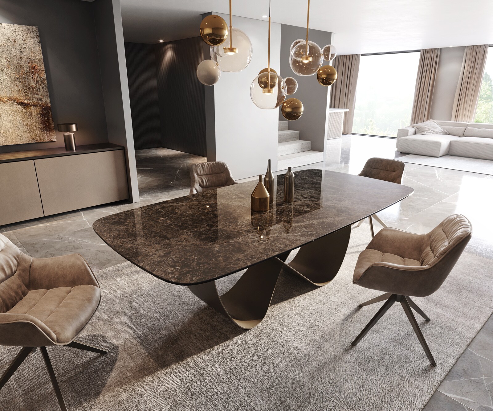 Table de salle à manger Edge Boot Céramique Emperador Extra Lucidato Brun foncé 240x120 Infinity Métal finition effet Titane