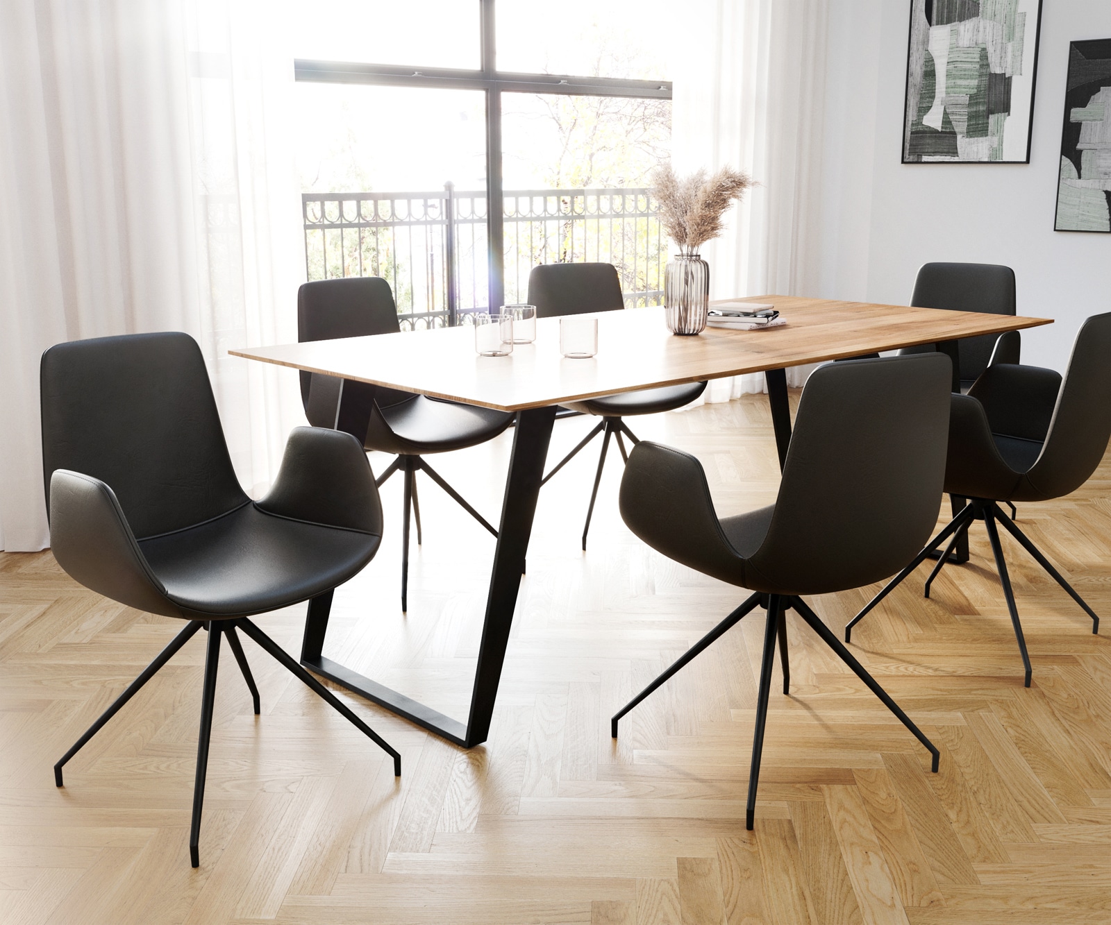 Chaise-de-salle-à-manger Ilia-Flex avec accoudoirs cuir de vache noir pied croisé conique noir 3 Chaise-de-salle-à-manger Ilia-Flex avec accoudoirs cuir de vache noir pied croisé conique noir 3