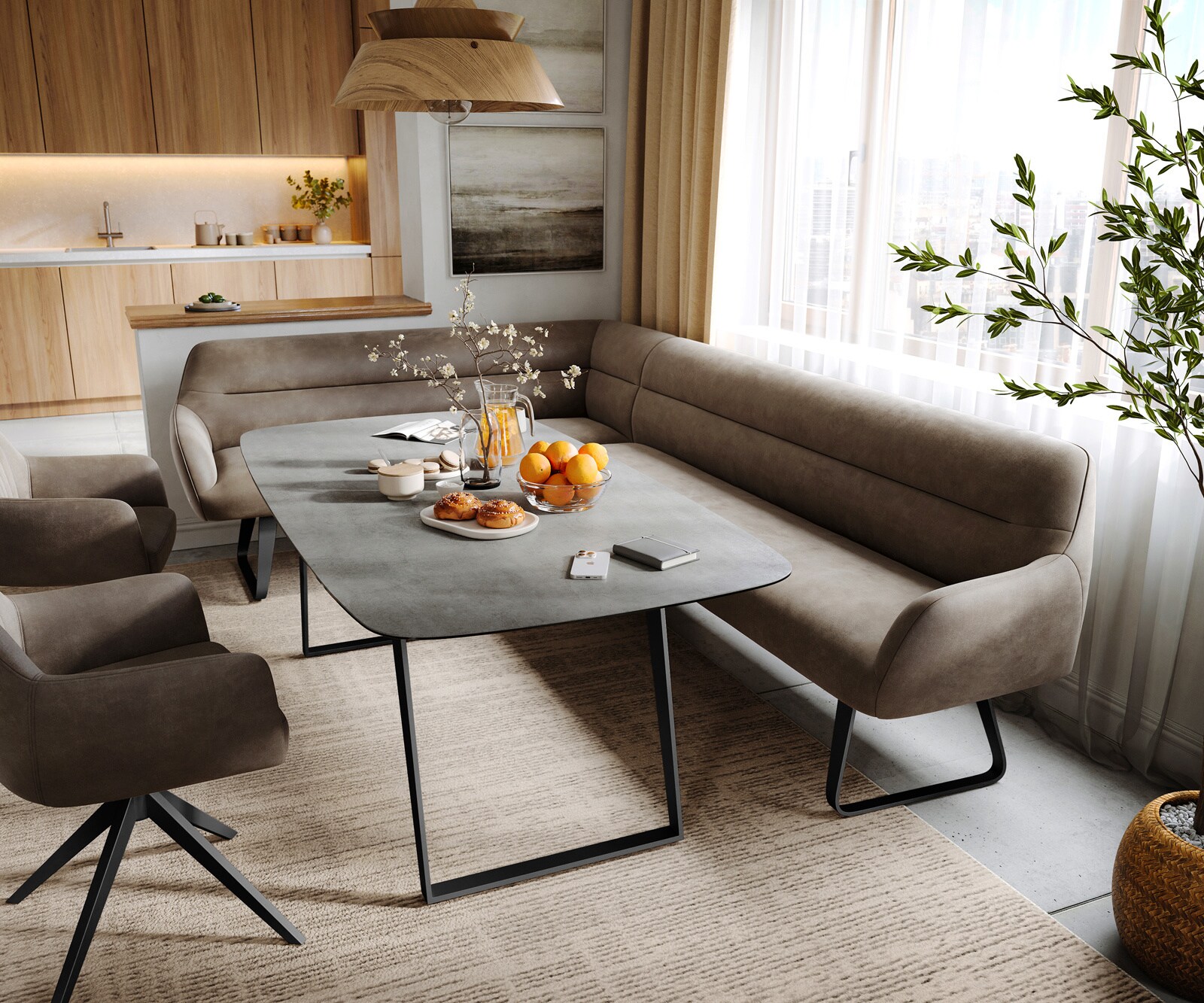 Banc-de-salle-à-manger Taya-Flex 285x190 cm microfibre taupe vintage châssis à patins plat noir ressort ensaché à droite 1