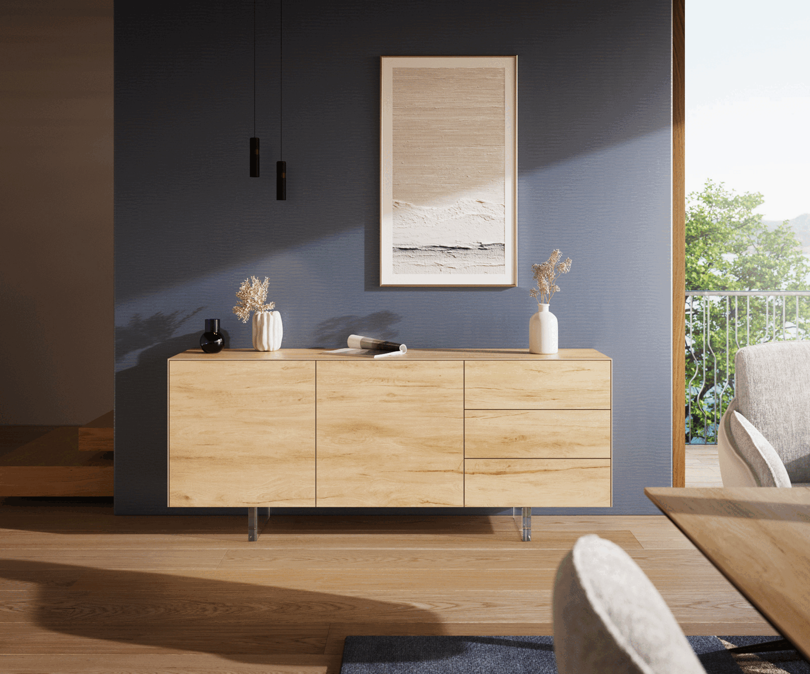 Buffet Cuor 180 cm Céramique Laminam® Sabbia Teinte chêne 2 Portes 3 Tiroirs Pied optique flottant Verre acrylique 2