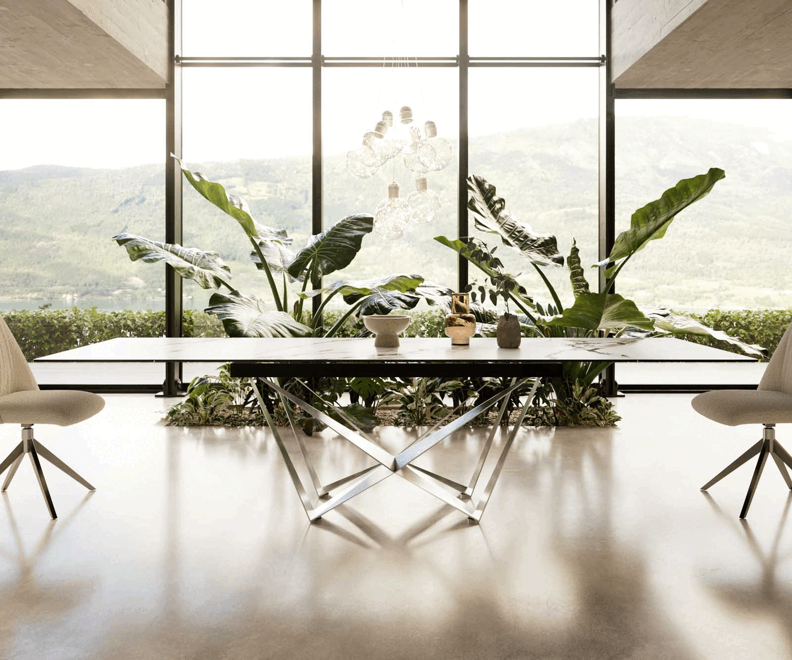 Table à manger Edge 200-300x100 céramique Calacatta Luxe blanc-doré-gris Spider acier plat acier inoxydable extensible 1