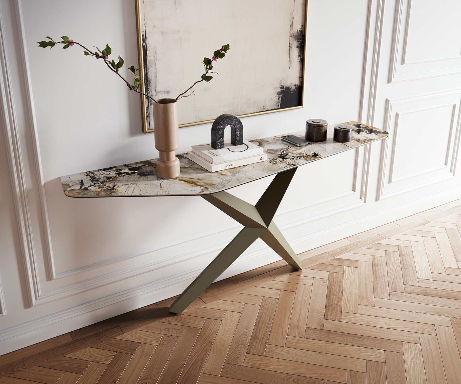 Console Edge Polygonal 180x50 cm Céramique Patagonia Poliert Zentharo Métal Effektfinish Titan 1