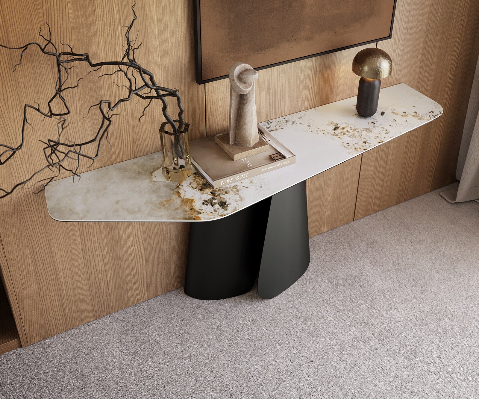 Console Edge Polygonal 180x50 cm Céramique Minas Melange Weiß-Beige Livos Métal Noir 1