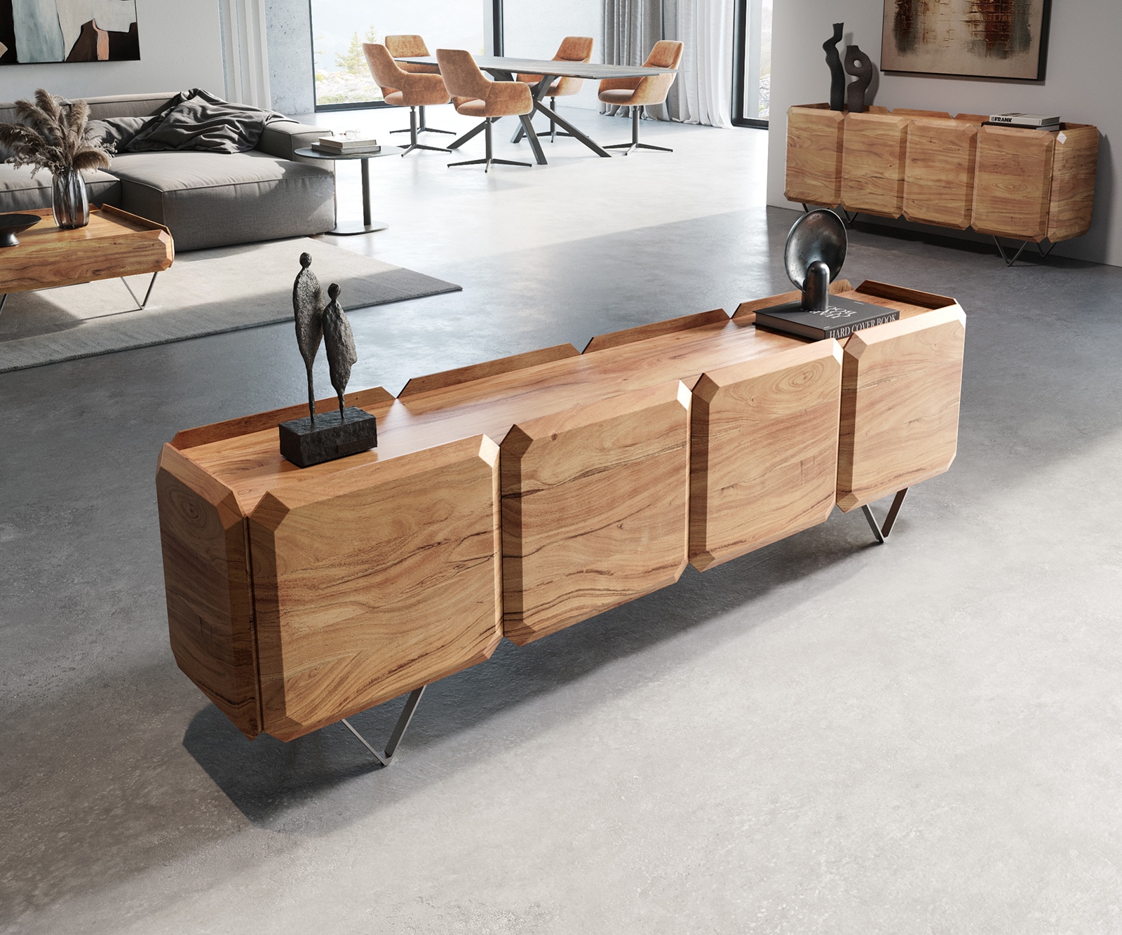 Meuble-bas Kiano 200 cm Acacia Nature 4 Portes Pied en V Acier inoxydable Séparateur de pièce Meuble-bas Kiano 200 cm Acacia Nature 4 Portes Pied en V Acier inoxydable Séparateur de pièce