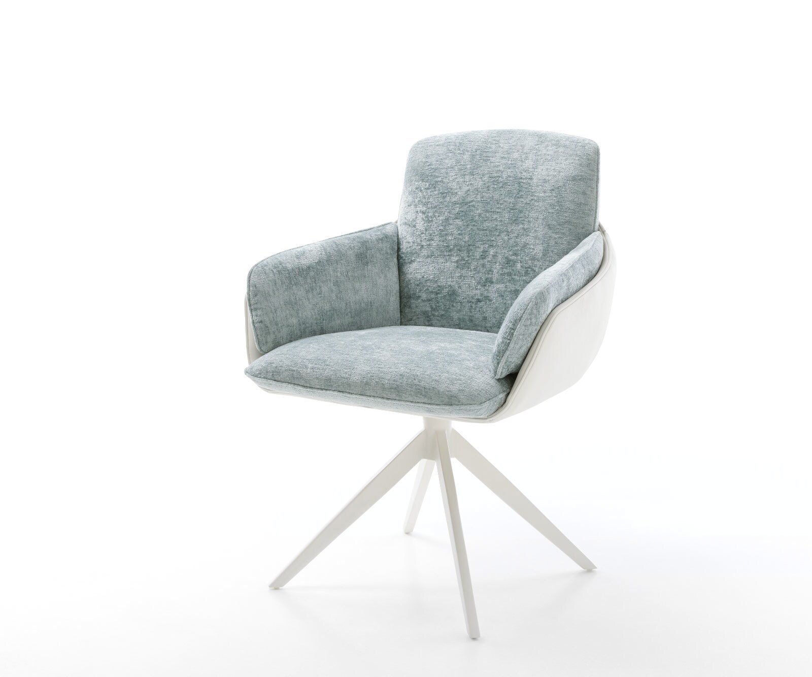 Chaise-pivotante Luan-Flex avec accoudoirs tissu mixte cuir de vache blanc-bleu pastel pied croisé large blanc pivotement sur 360° fonction bascule
