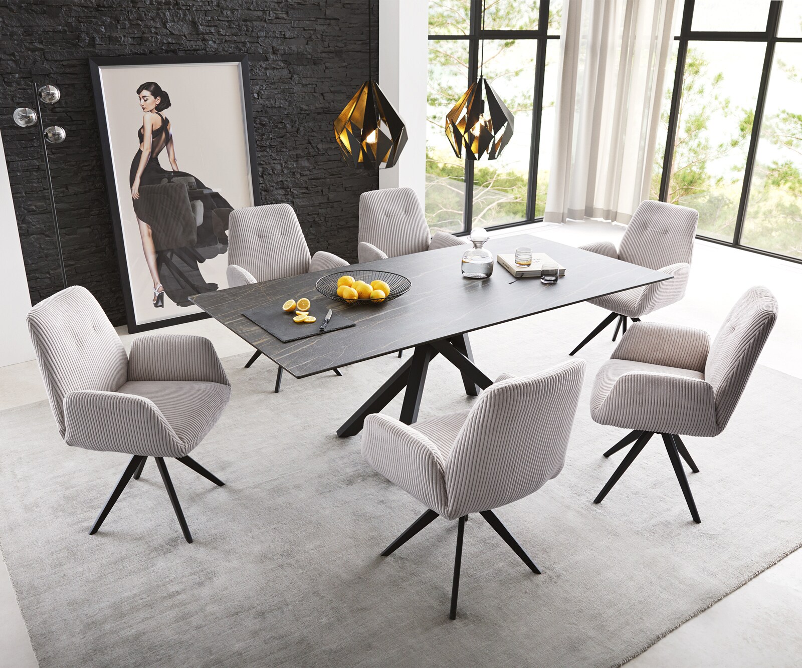 Chaise-de-salle-à-manger Zoa-Flex côtelé gris argenté pied croisé angulaire noir ressorts ensachés 3 Chaise-de-salle-à-manger Zoa-Flex côtelé gris argenté pied croisé angulaire noir ressorts ensachés 3