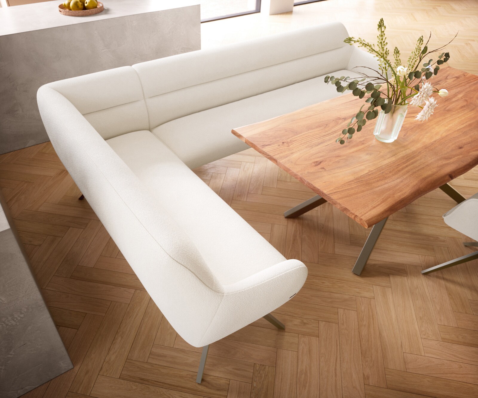 Banc-de-salle-à-manger Taya-Flex 285x190 cm bouclé crème-blanc pied croisé angulaire titane ressort ensaché liens 4