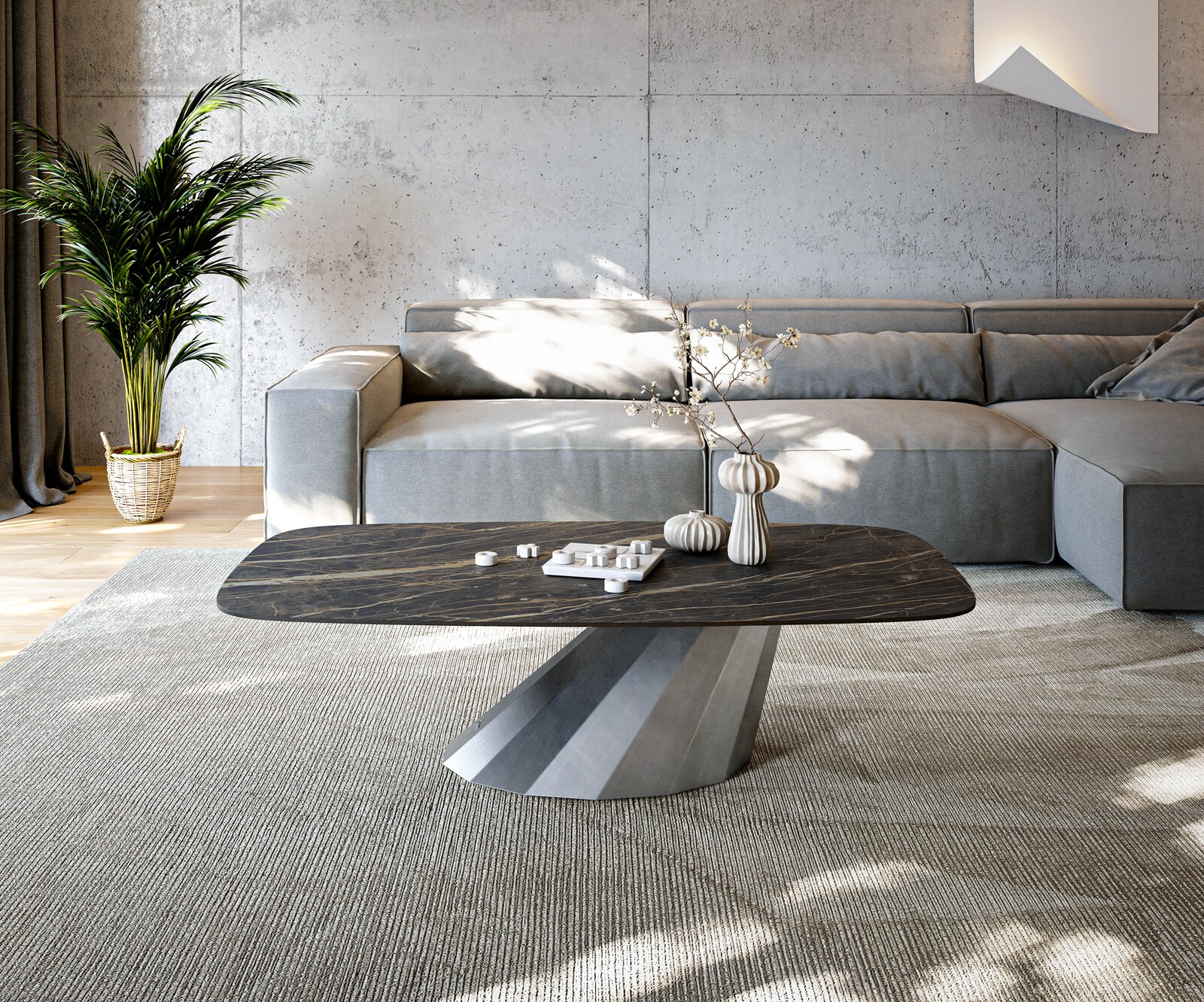 Table basse Edge Boot 140x80 cm céramique Laminam® Noir Desir brun Parabi argent métallique