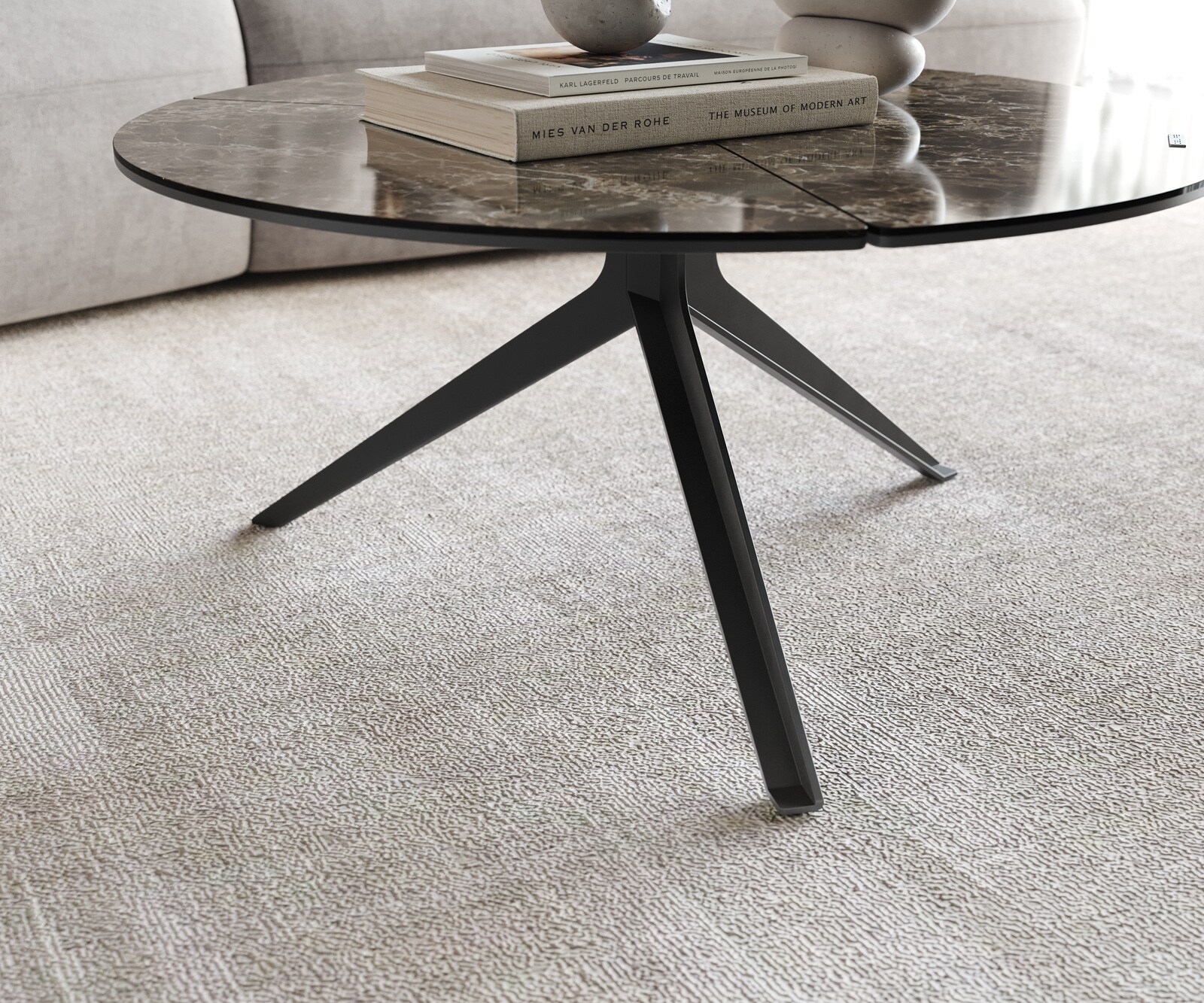 Table-basse Delron 70x70 cm Céramique Emperador Extra Lucidato Marron foncé Pied croisé plat Métal Noir 5