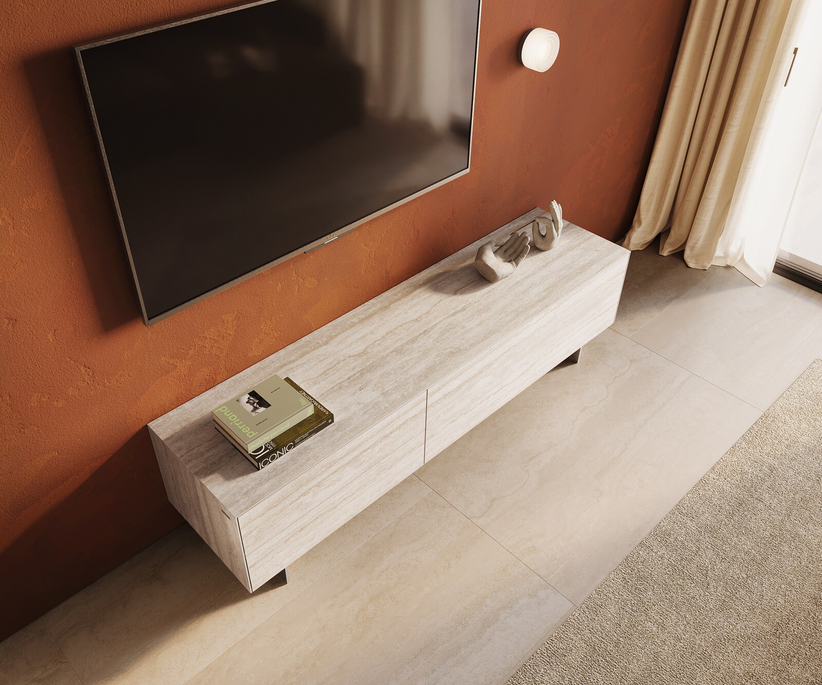 Meuble-TV Cuor 180 cm Céramique Laminam® Travertino Bianco Crème-blanc 1 Clapet 2 Tiroirs Pied optique flottant Ancier inoxydable 3
