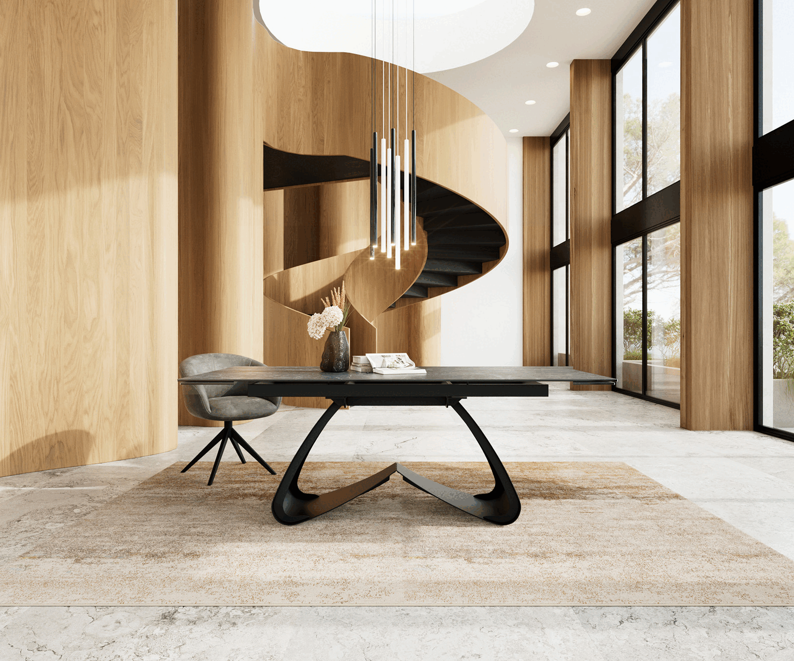 Table à manger Edge 200-300x100 céramique Laminam®Nero Greco gris cadre en W noir extensible 2