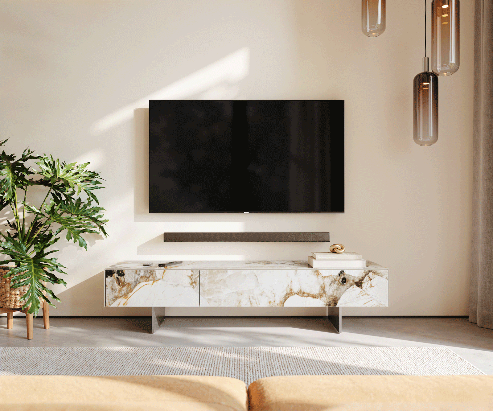 Meuble-TV Cuor 150 cm Céramique Patagonia raffinée 1 Clapet 1 Tiroir Pied optique flottant Ancier inoxydable 2