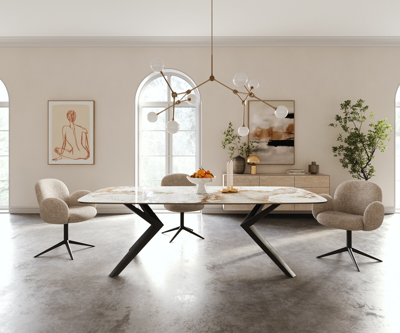Table à manger Edge Boot 240x120 cm Céramique Minas Melange Blanc-Beige Zenthara anguleux Métal Noir 1