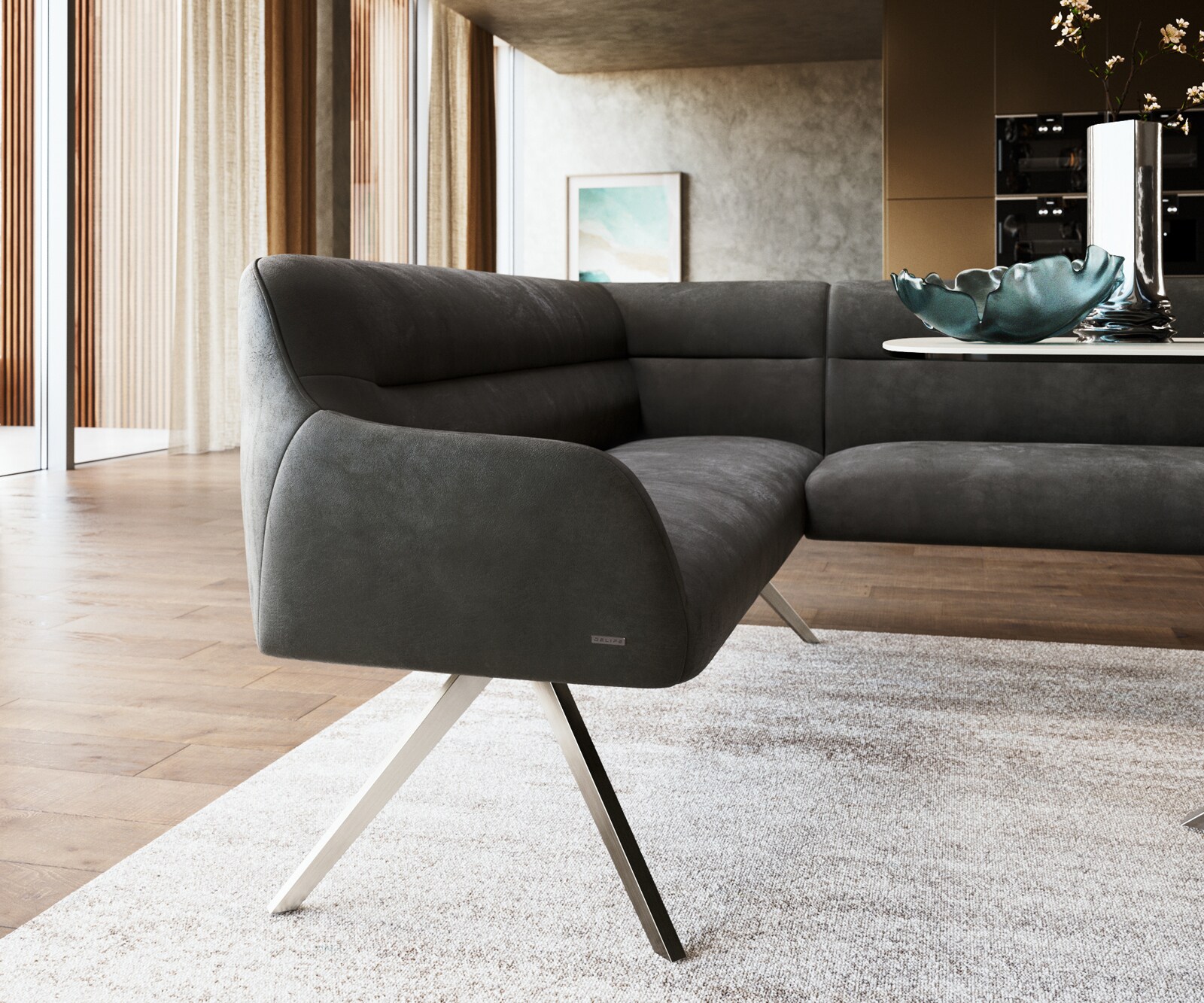 Banc-de-salle-à-manger Taya-Flex 285x190 cm microfibre antracite vintage pied croisé angulaire acier inoxydable ressort ensaché à droite 5