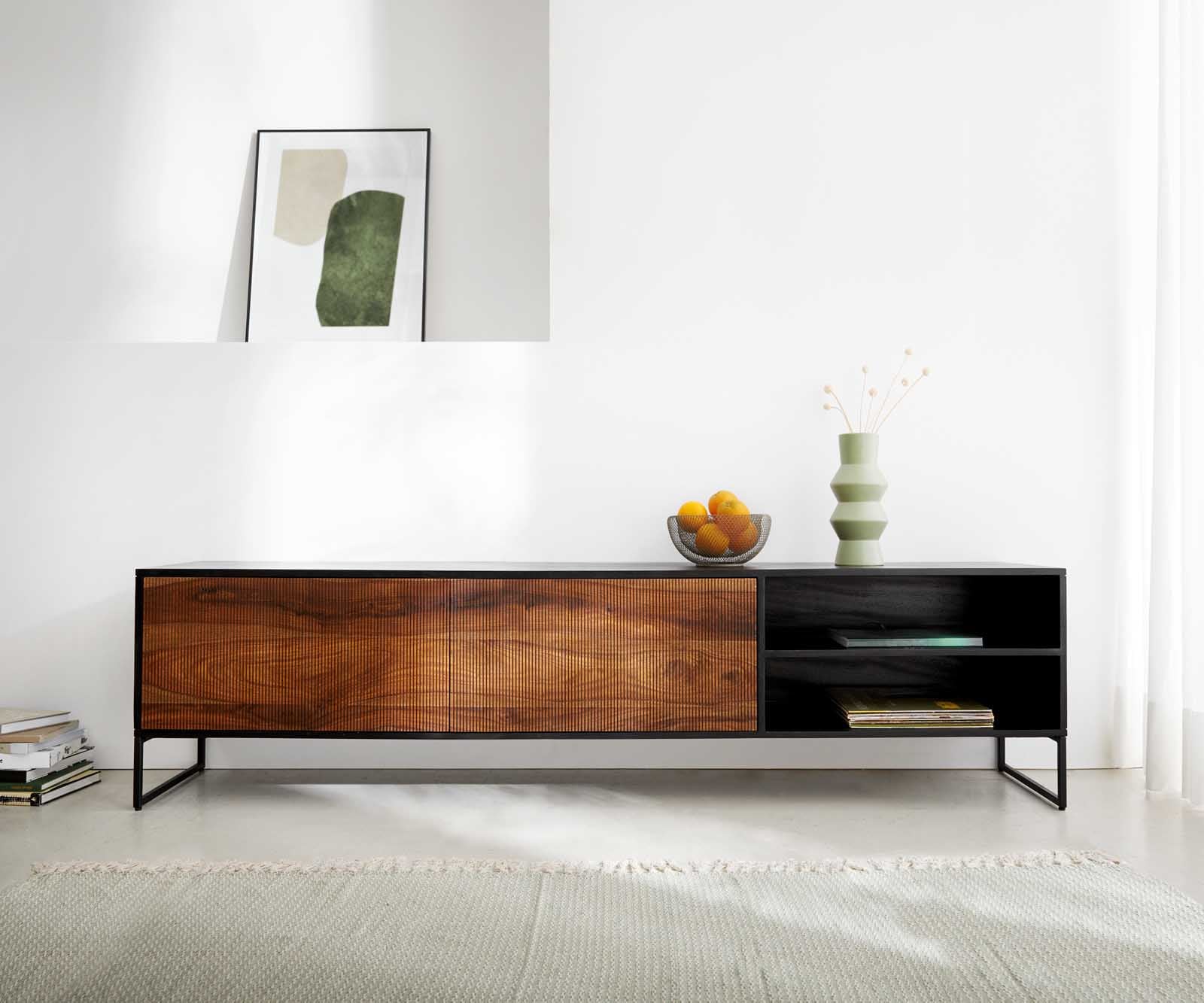 Meuble-TV Vaag 200 cm Sheesham naturel mangue noir 2 portes 2 compartiments 2 Meuble-TV Vaag 200 cm Sheesham naturel mangue noir 2 portes 2 compartiments 2