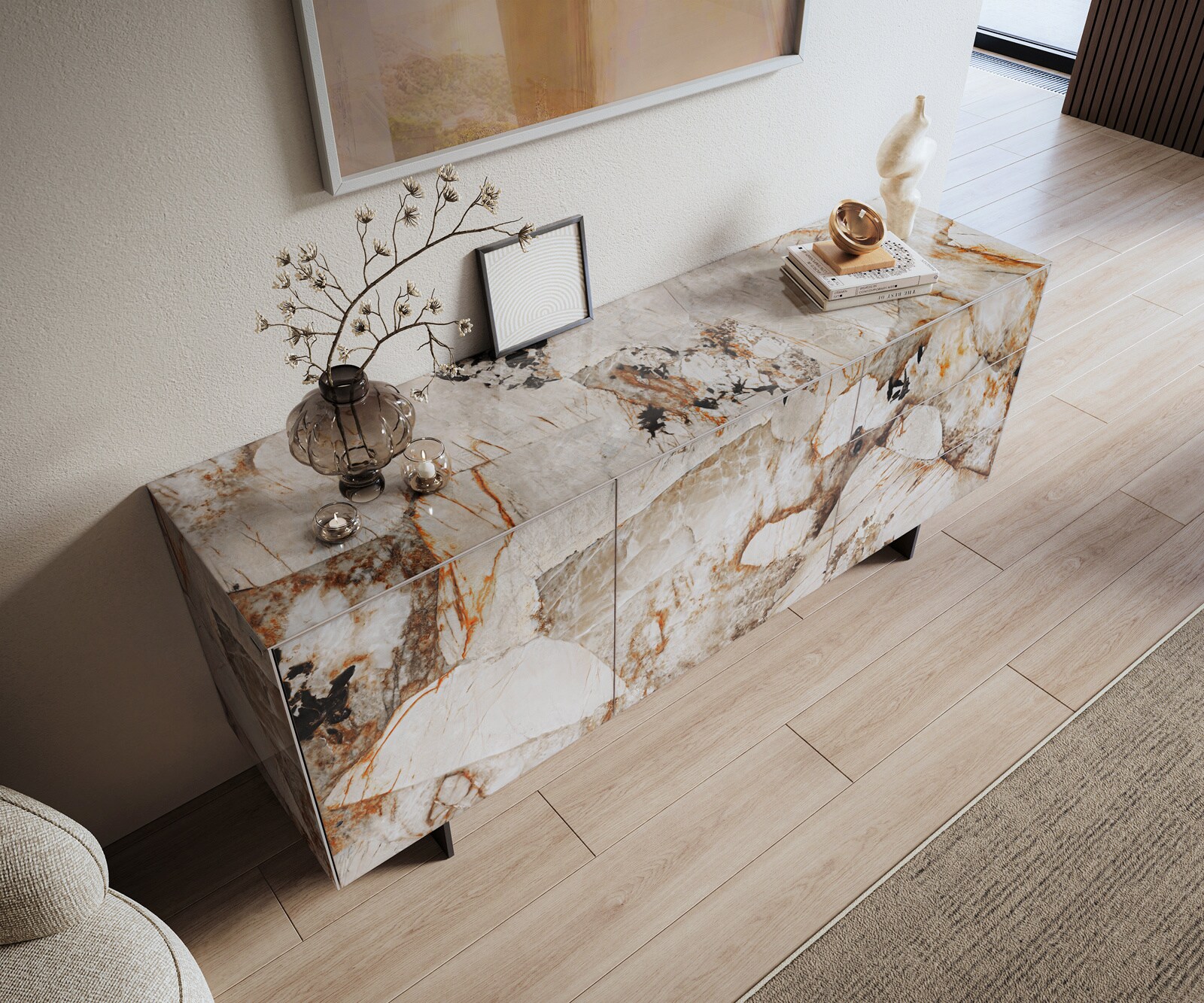 Buffet Cuor 180 cm Céramique Patagonia raffinée 2 Portes 3 Tiroirs Pied optique flottant Métal Noir 4