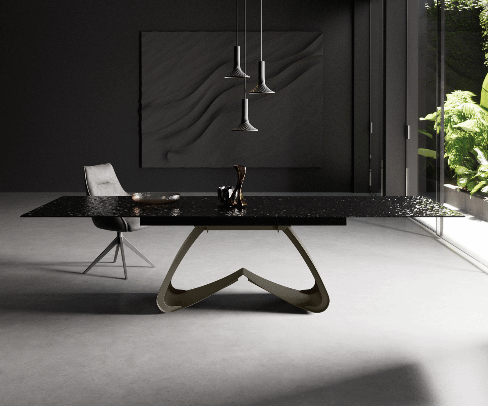 Table à manger Edge 200-300x100 verre fondu noir fumé relief en 3D cadre en W Effektfinish Titan extensible 1