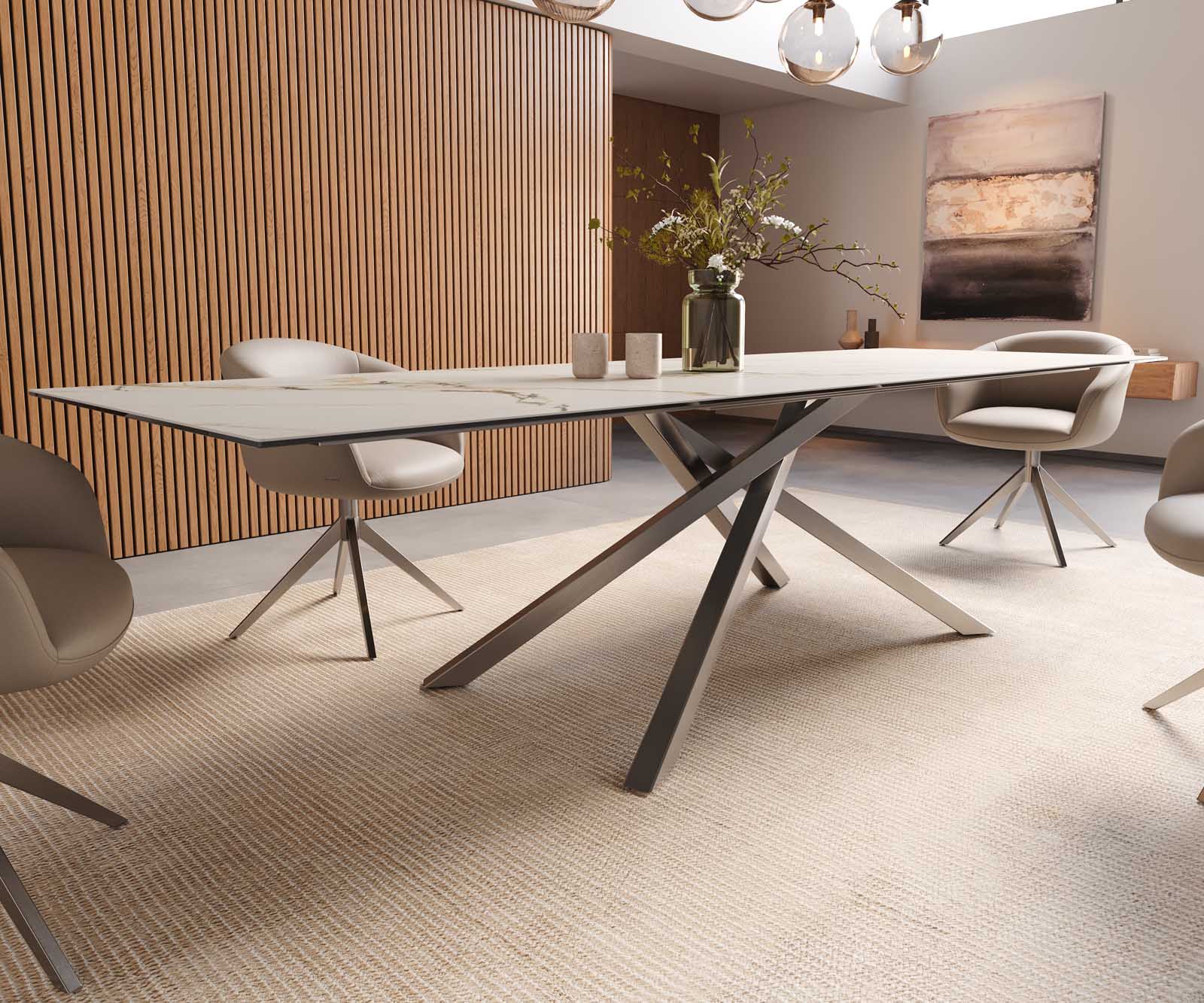 Table à manger Edge 300x100 céramique Calacatta Luxe blanc-doré-gris cadre croisé rectangulaire acier inoxydable 7