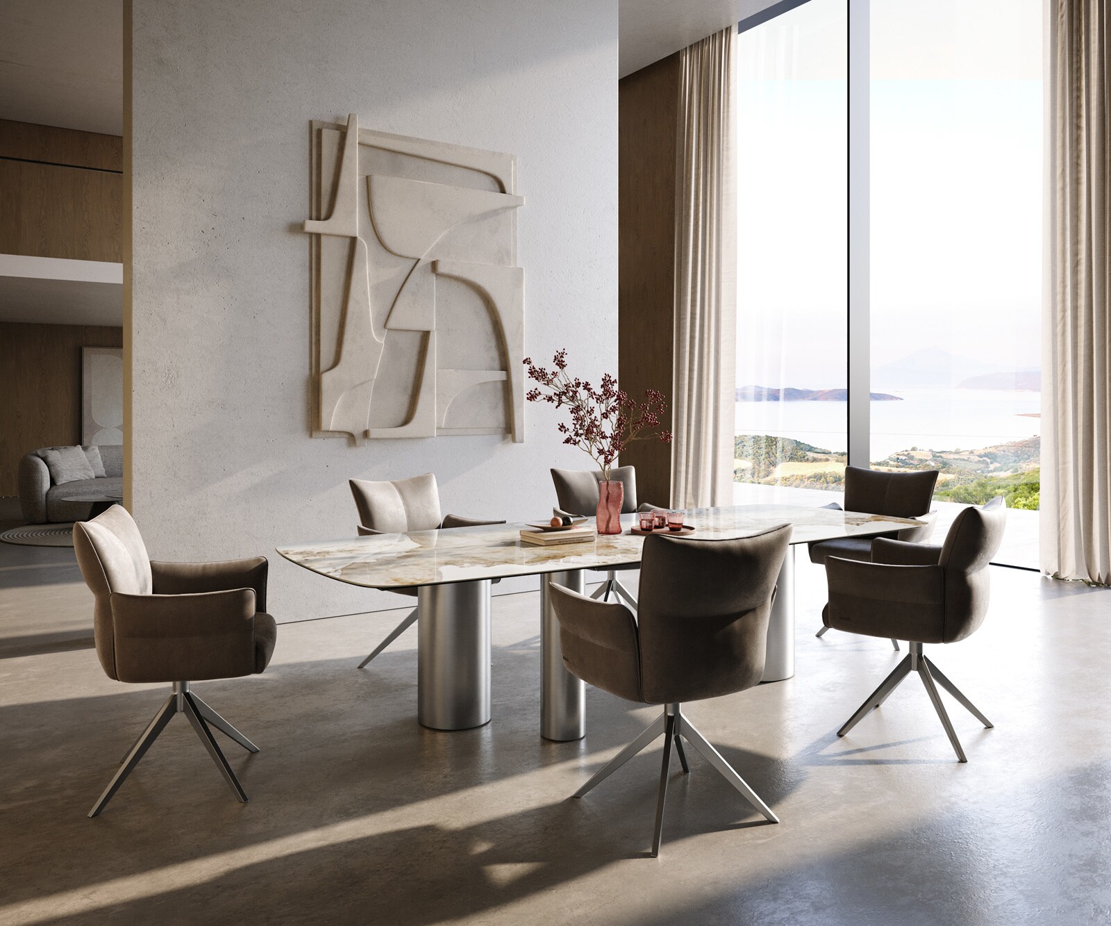 Table à manger Edge Boot 300x120 cm Céramique Minas Melange Blanc-Beige Troa Acier inoxydable gebürstet 6