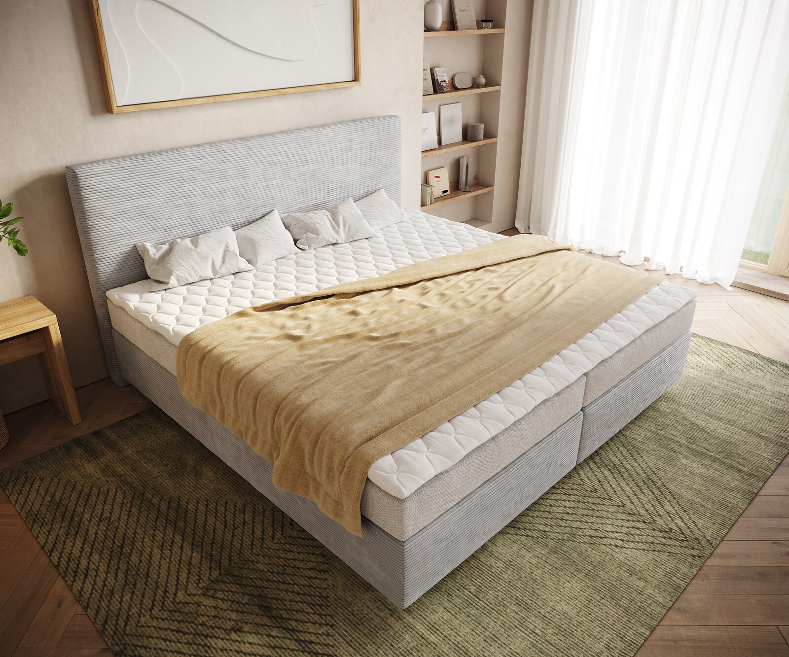 Lit-à-sommier-tapissier Dream-Well Velours côtelé gris argenté 200x200 cm Matelas Bonell PU-surmatelas  4