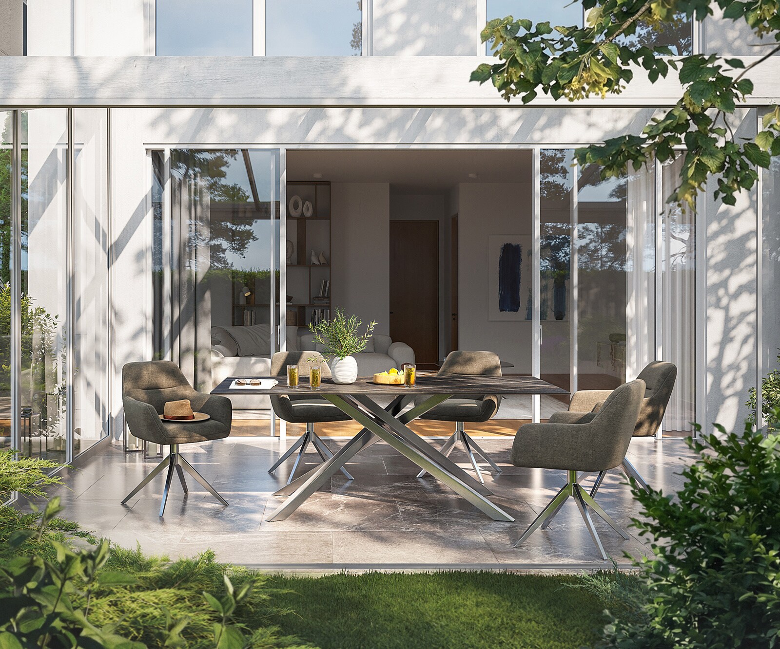 Table d’extérieur Edge 200x100 cm céramique Laminam® Noir Desir brun piètement croisé rectangulaire noir 1