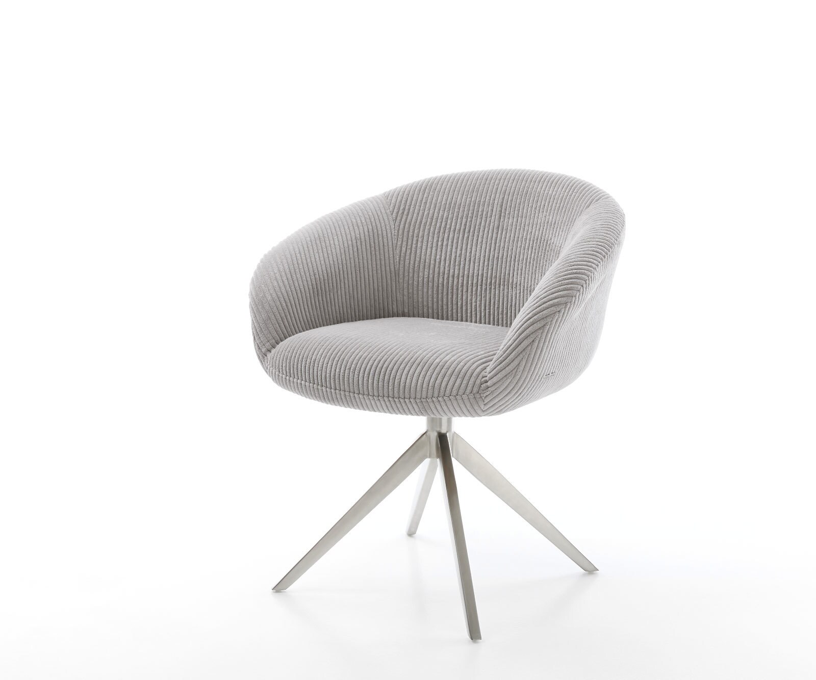 Chaise-pivotante Vinka-Flex avec accoudoirs côtelé gris argenté pied croisé large acier inoxydable brossé pivotement sur 360° ressorts ensachés
