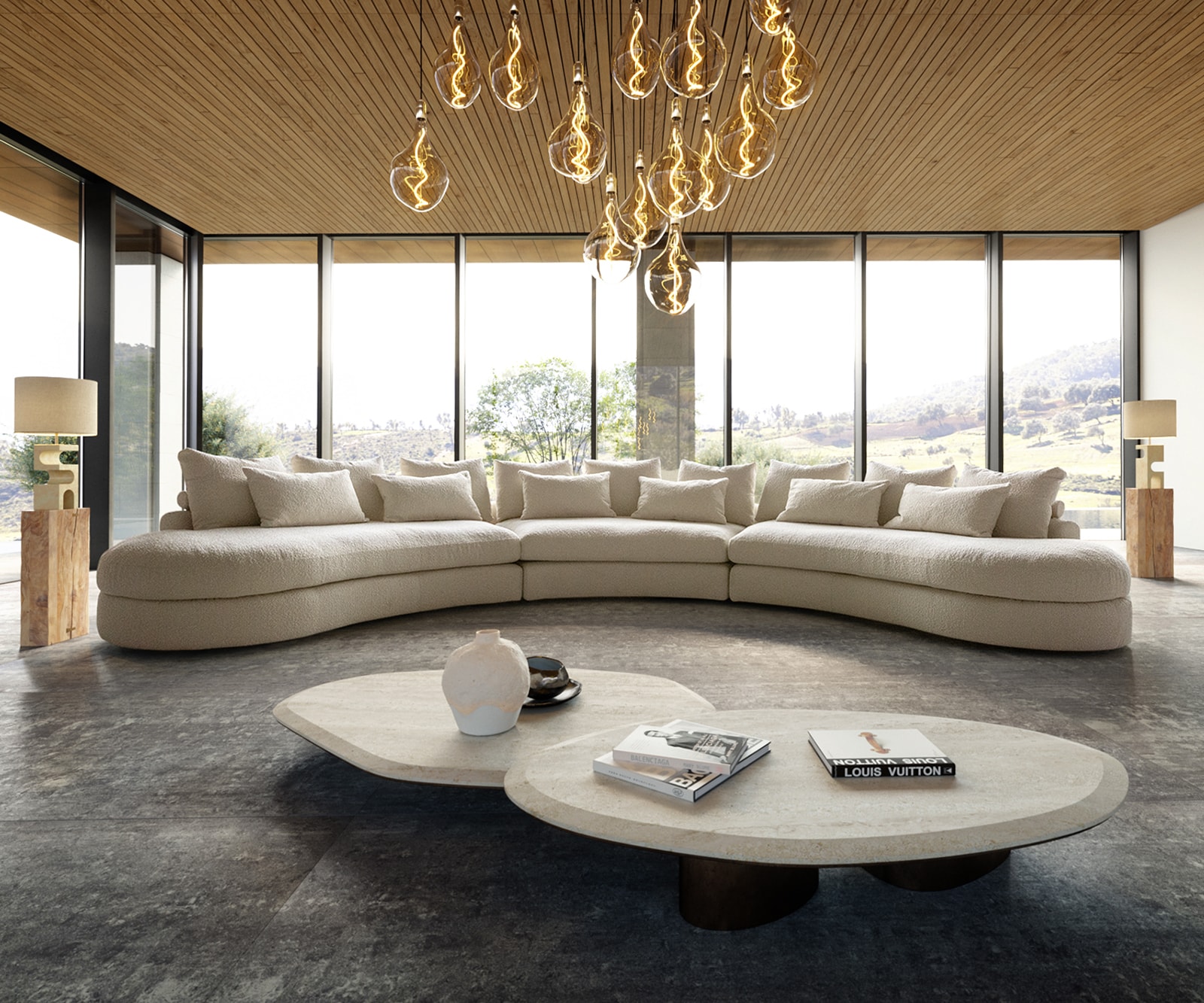 canapé panoramique Estrea tissu bouclé crème-blanc 500x250 cm  1