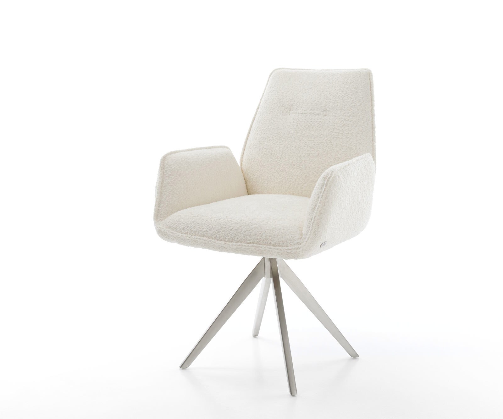 Chaise-de-salle-à-manger Zoa-Flex bouclé blanc pied croisé angulaire acier inoxydable brossé ressorts ensachés