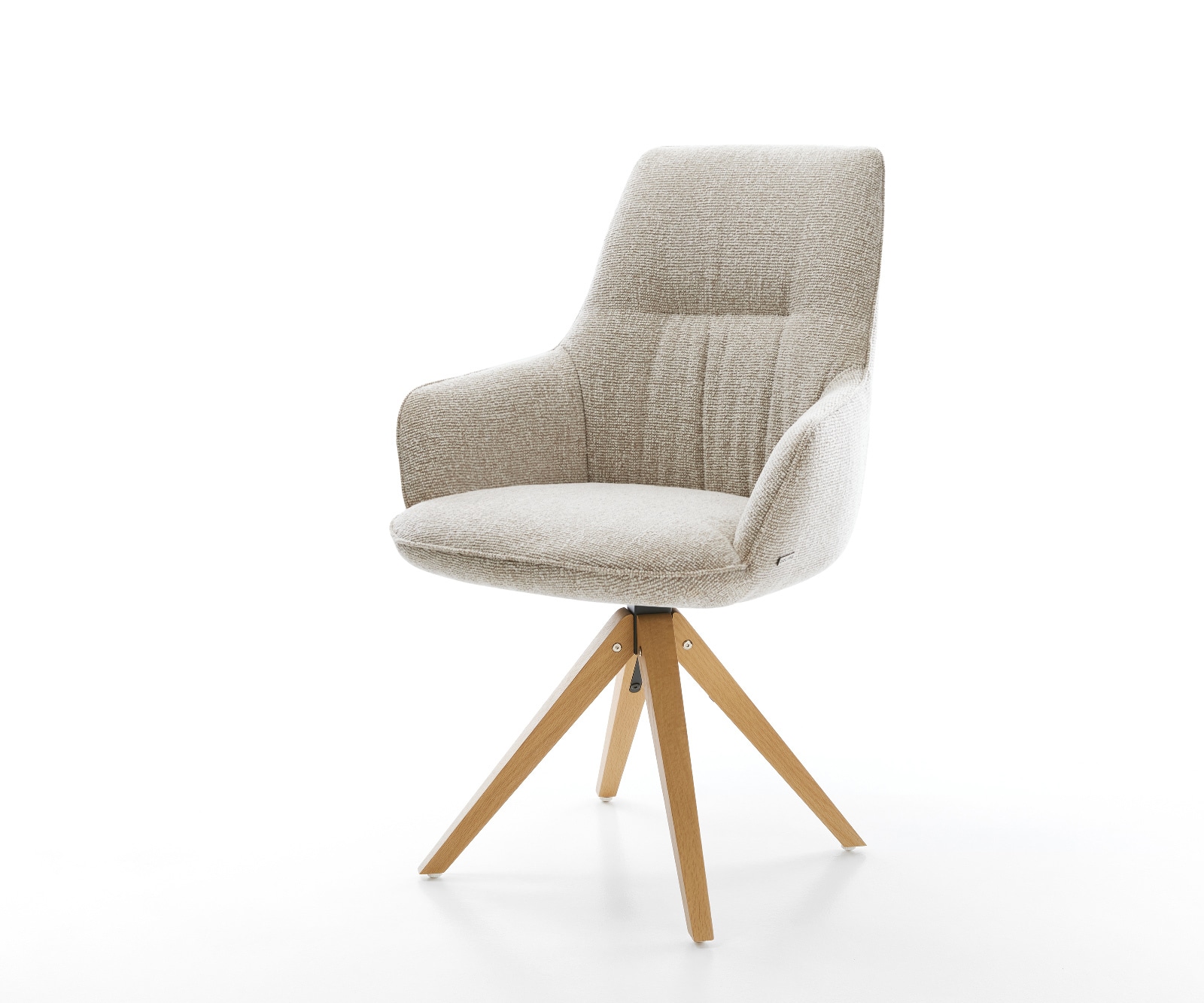 Chaise-pivotante Zelia-Flex avec accoudoirs tissu tissé doux beige pied en bois angulaire naturel pivotement sur 180° resorts ensachés