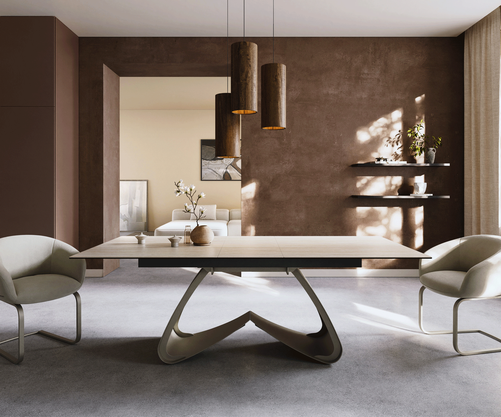 Table à manger Edge 180-220x100 céramique Laminam® Travertino Bianco crème-blanc cadre en W effet finition titanee extensible 1