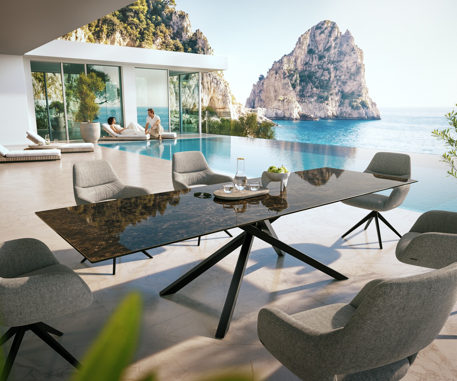 Table d’extérieur Edge 300x100 cm céramique Laminam® Emperador Extra Lucidato brun foncé piètement croisé rectangulaire noir