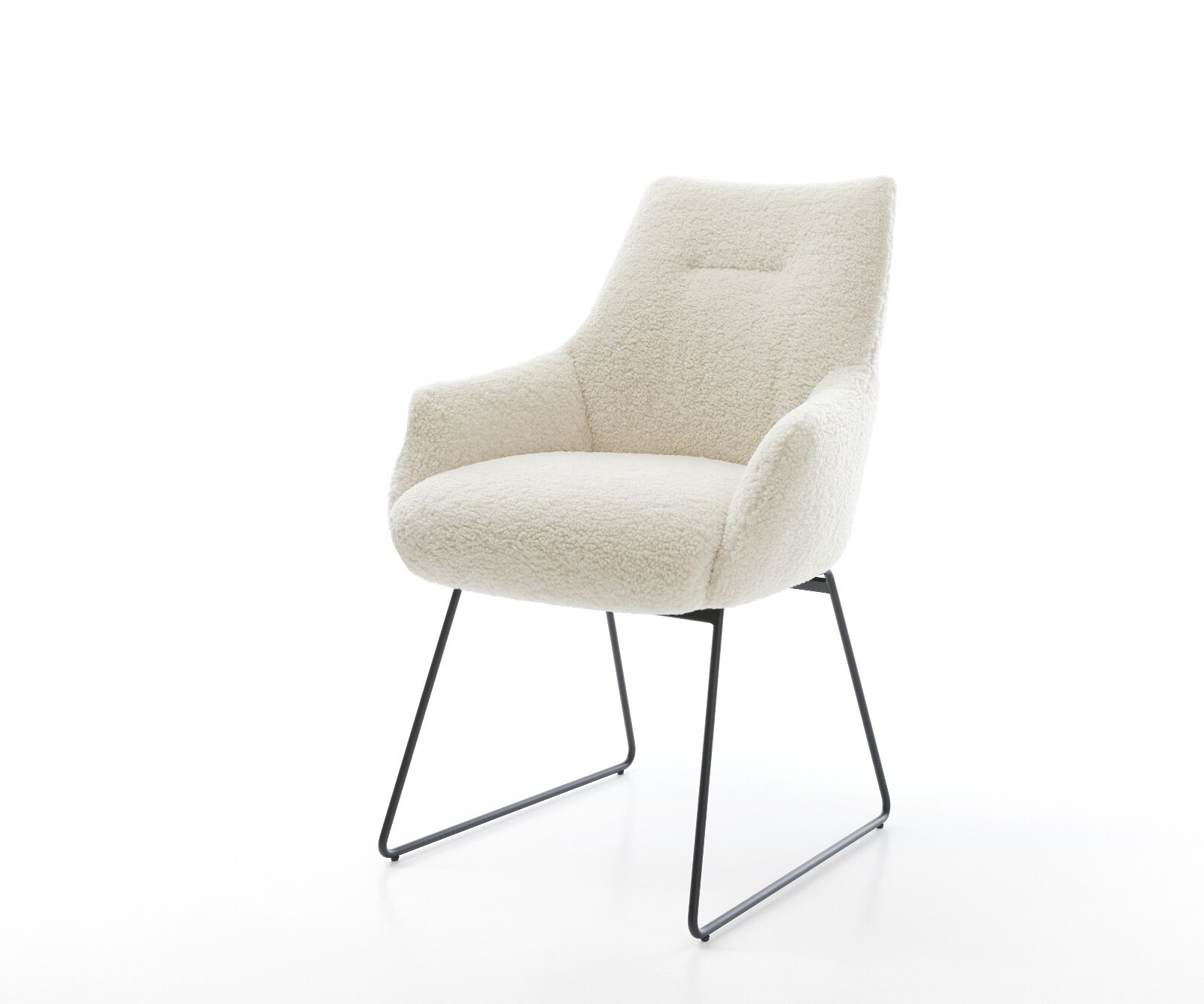 Chaise-de-salle-à-manger Alja-Flex avec accoudoirs tissu teddy beige pied trapèze noir resorts ensachés