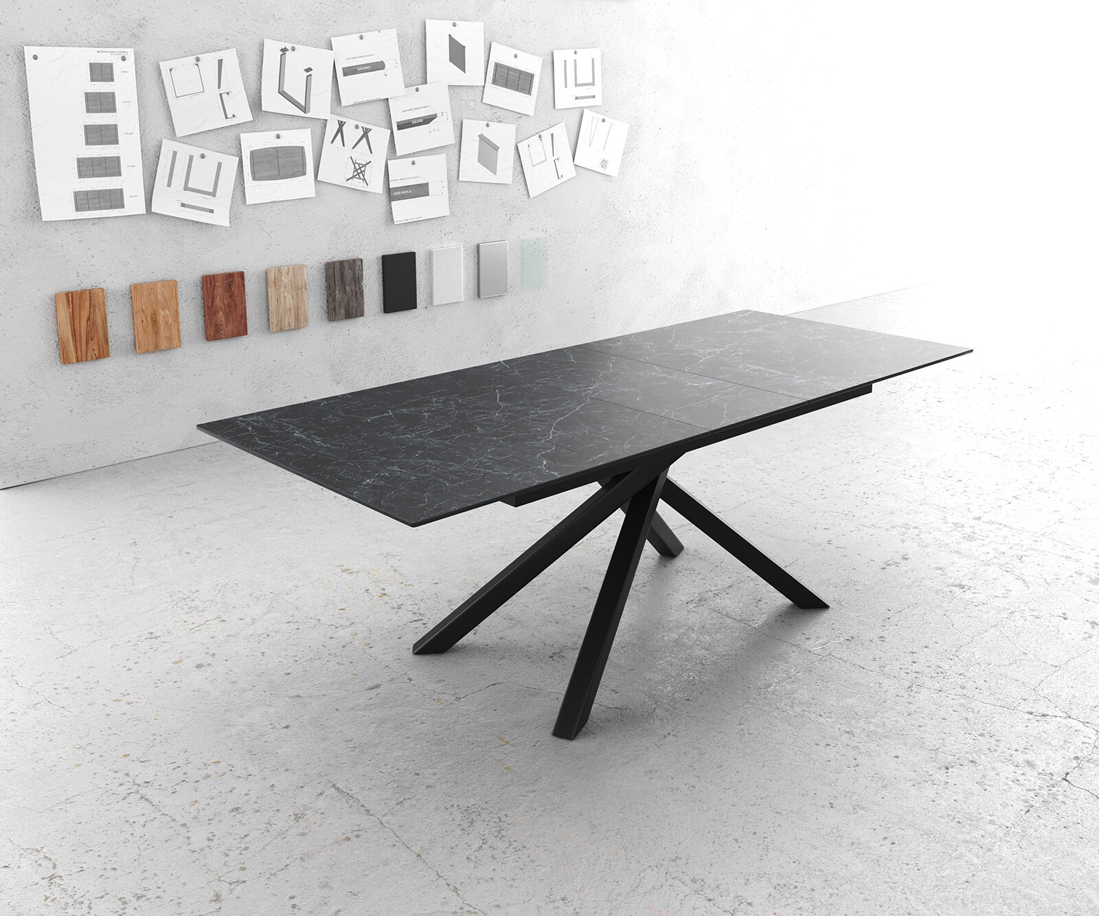 Table-à-manger Edge 180-220x100cm Laminam® céramique gris pieds milieu croisé noir