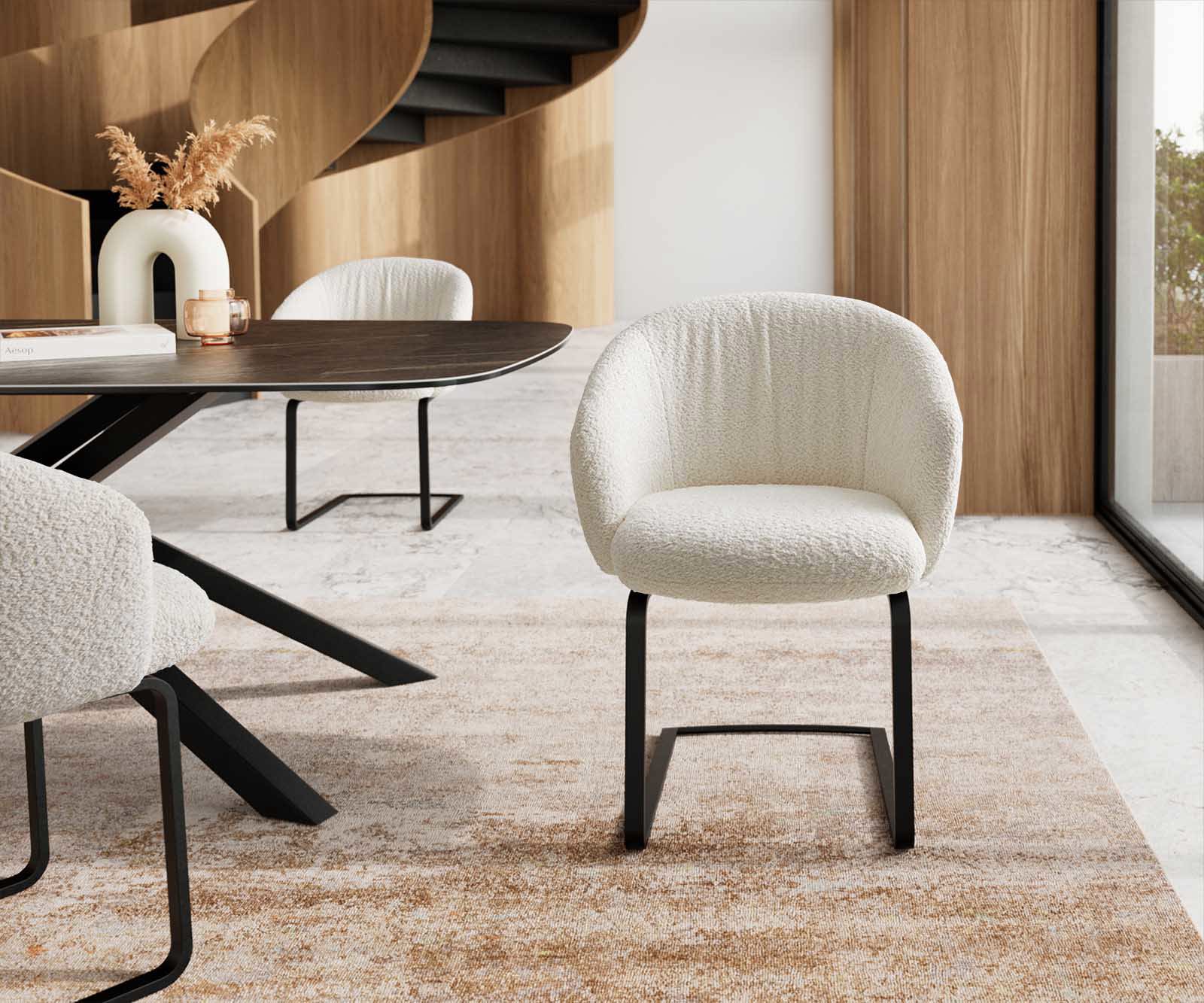 Cantilever Caja-Flex avec accoudoirs bouclé blanc pied cantilever plat noir ressorts ensachés 1 Cantilever Caja-Flex avec accoudoirs bouclé blanc pied cantilever plat noir ressorts ensachés 1