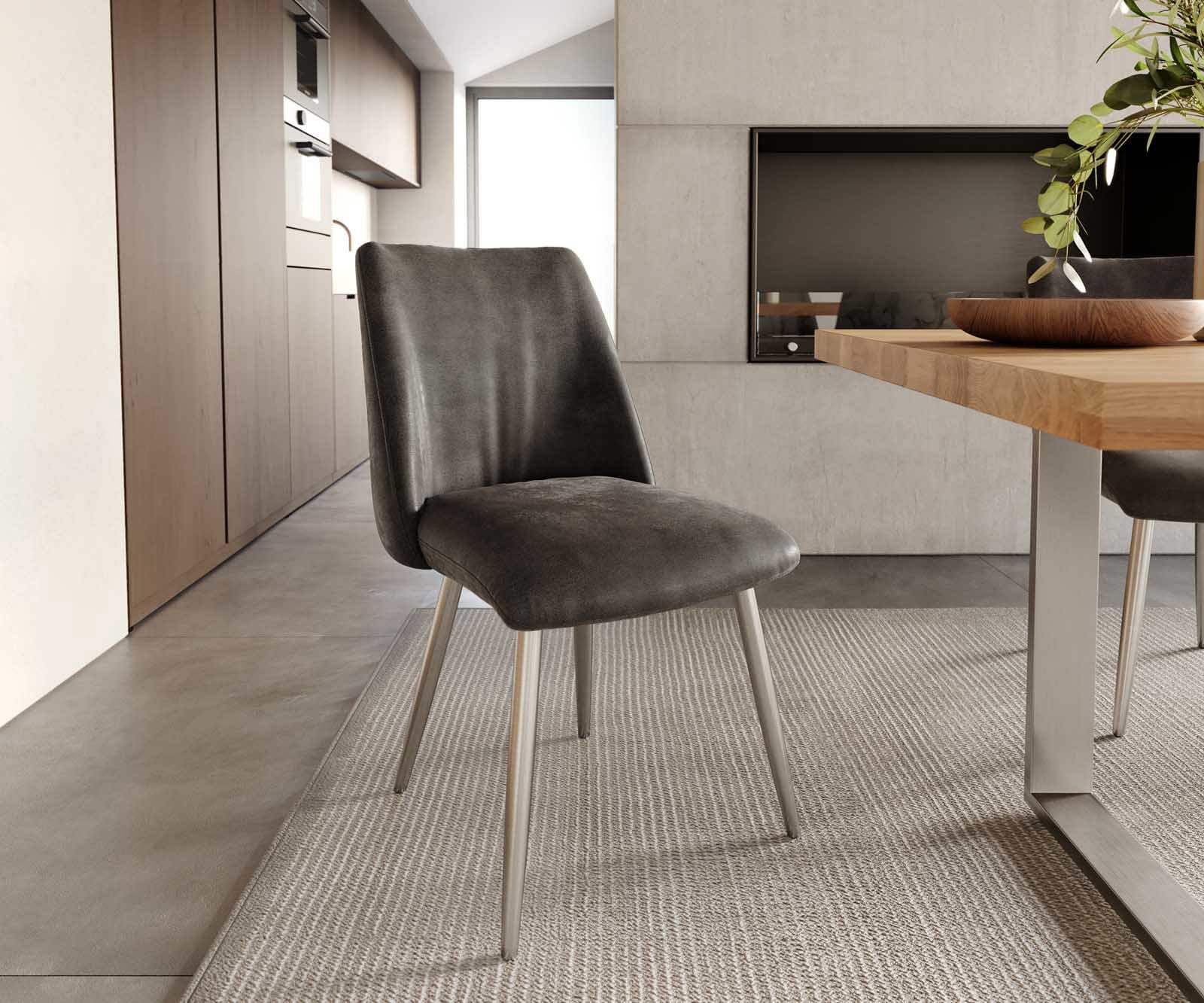 Chaise-de-salle-à-manger Elso-Flex microvelours anthracite vintage 4 pieds coniques acier inoxydable brossé ressorts ensachés Chaise-de-salle-à-manger Elso-Flex microvelours anthracite vintage 4 pieds coniques acier inoxydable brossé ressorts ensachés