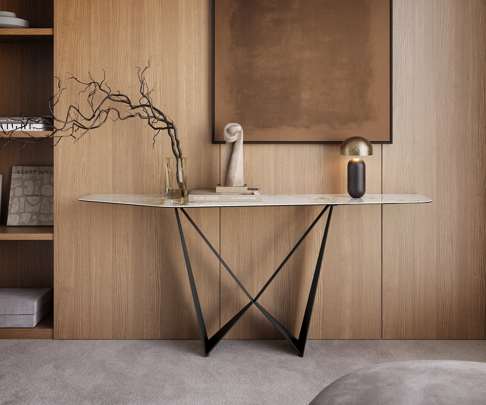 Console Edge Polygonal 180x50 cm Céramique Minas Melange Weiß-Beige Spios Métal Noir 3