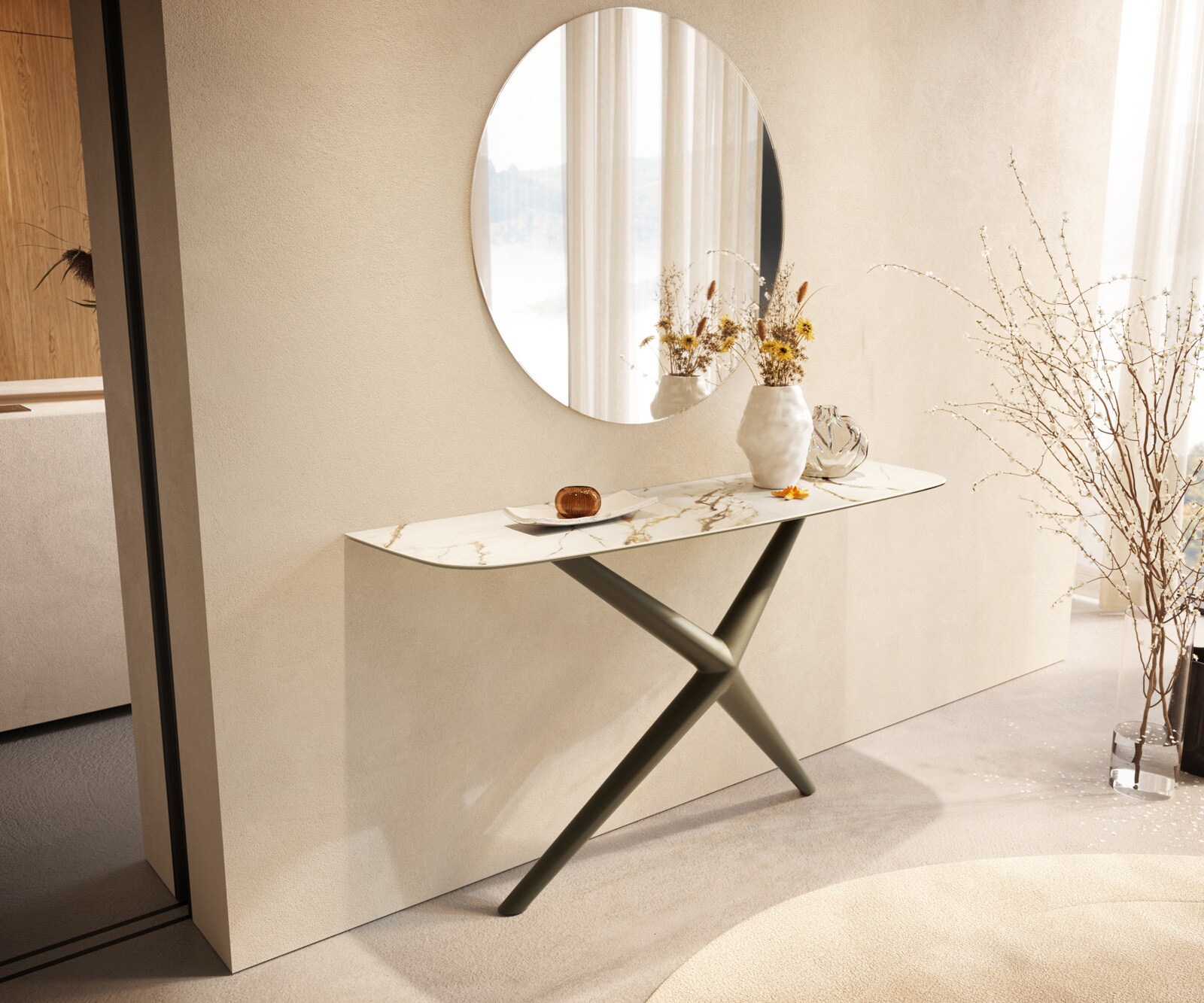 Console Edge forme bateau 140x40 cm Céramique Calacatta Luxe Weiß-Gold-Gris Estelo Métal Effektfinish Titan 4
