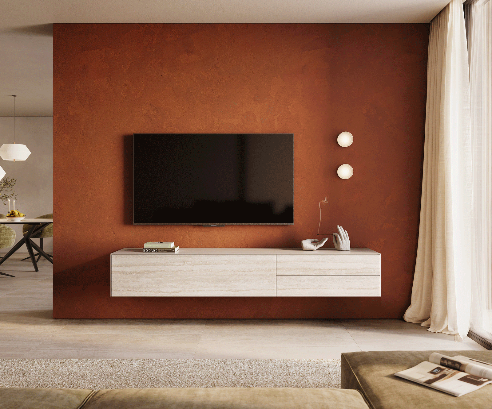 Meuble-TV Cuor 220 cm Céramique Laminam® Travertino Bianco Crème-blanc 1 Clapet 2 Tiroirs Flottant 1