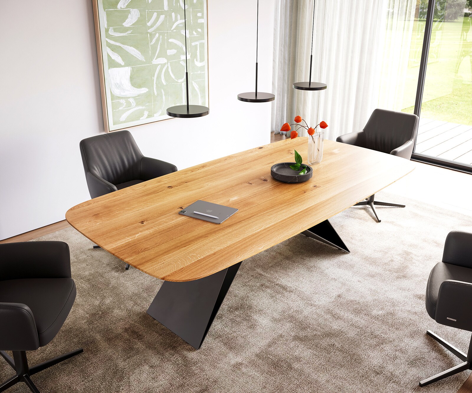 Table à manger Edge Boot 240x120x2,5-3 chêne naturee cadre en V acier plat noir bord suisse 1