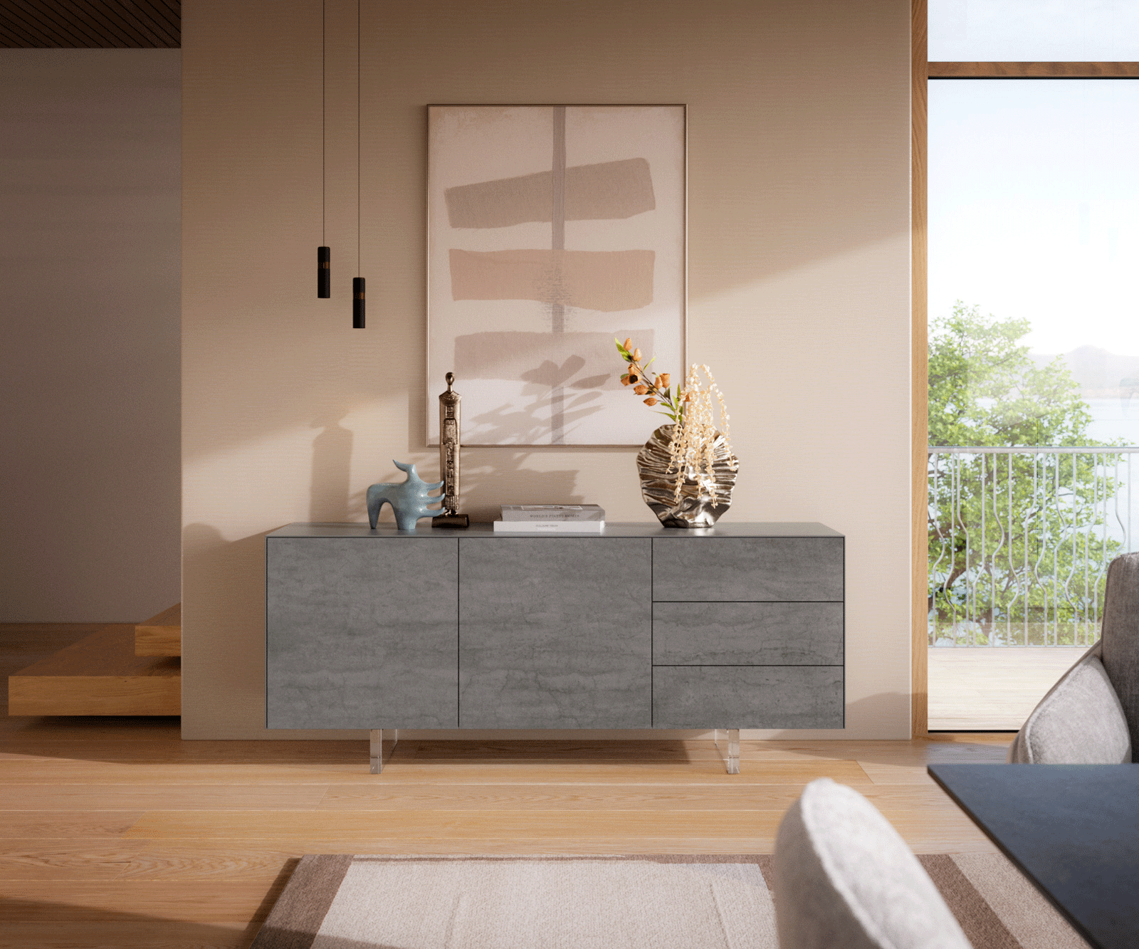 Buffet Cuor 180 cm Céramique Béton gris 2 Portes 3 Tiroirs Pied optique flottant Verre acrylique 2