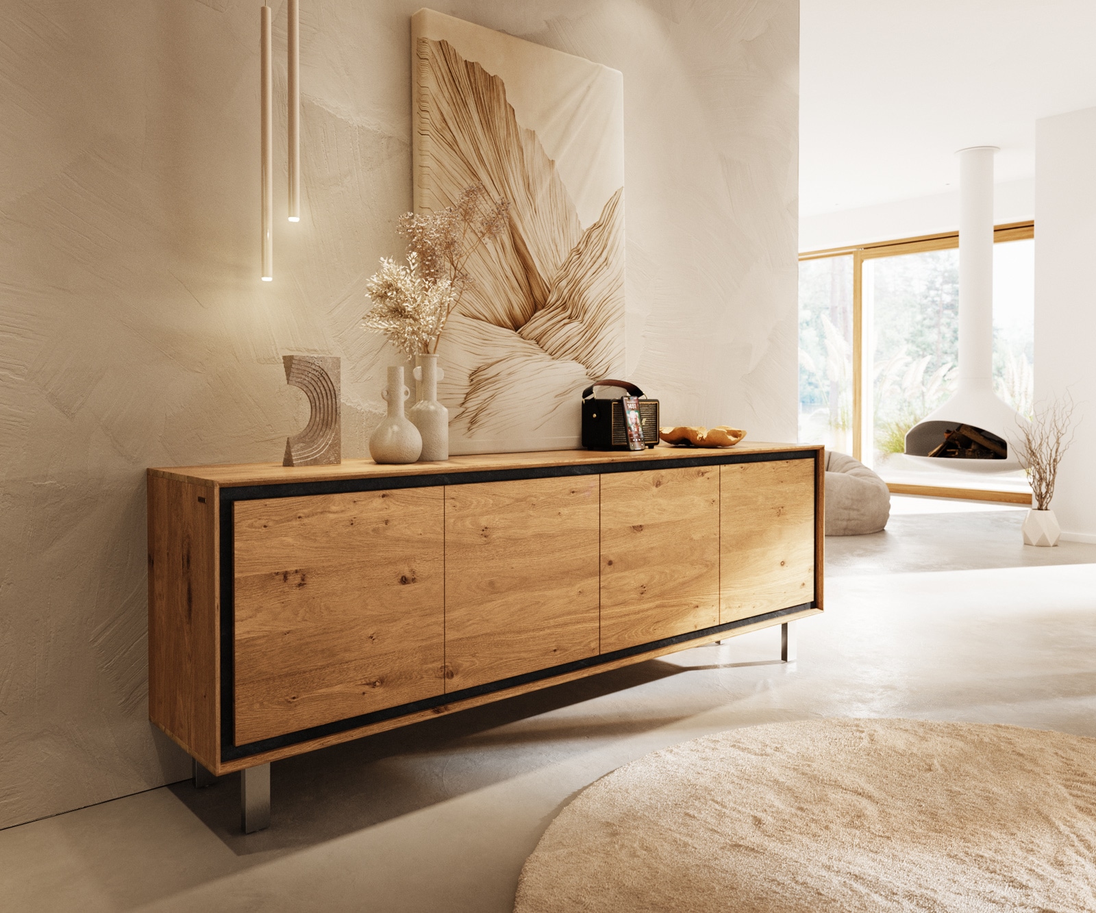 Buffet Stonegrace 200 cm chêne naturel 4 portes pied carré inoxydable brossé