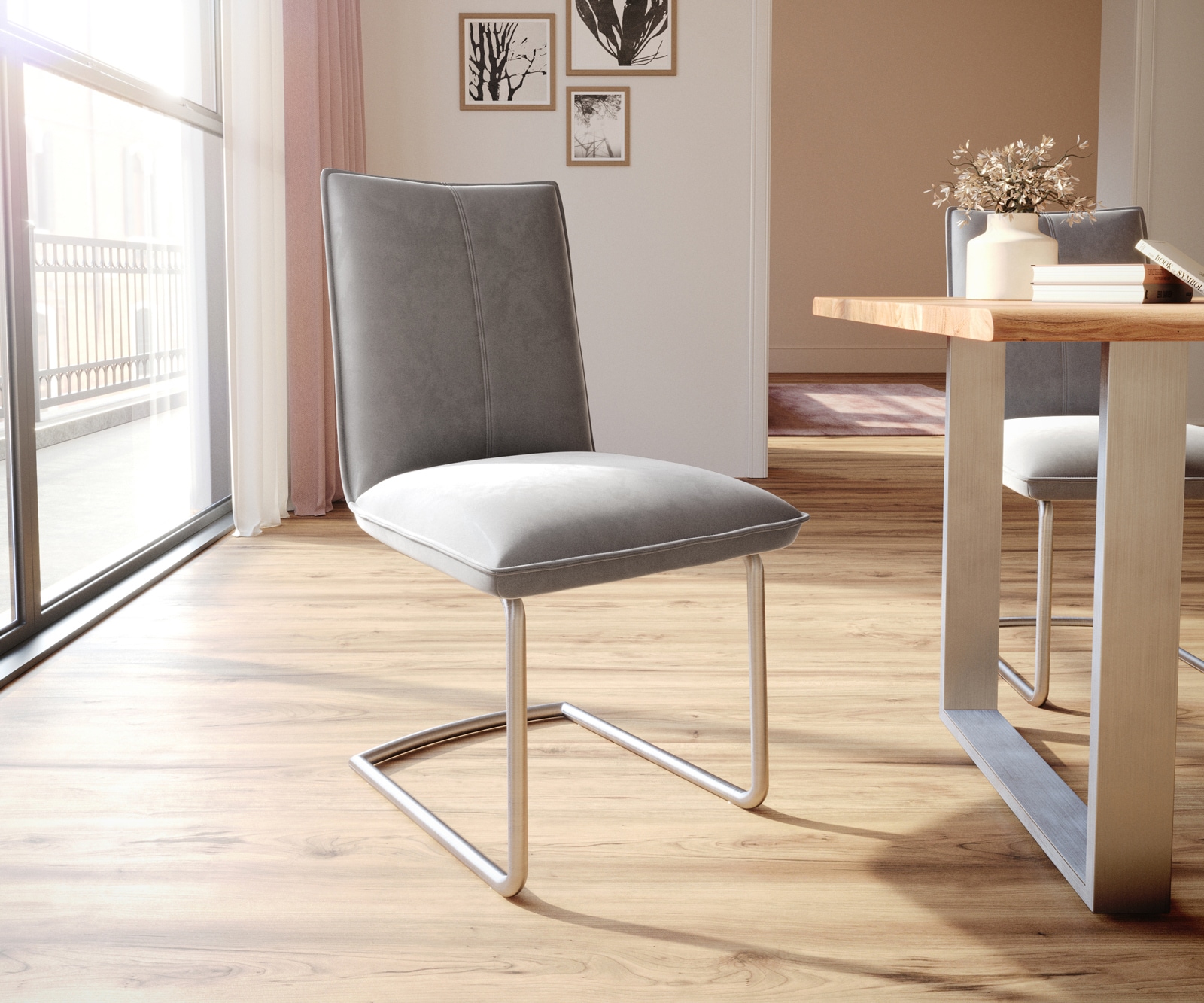 Cantilever Lelio-Flex velours gris pied cantilever rond acier inoxydable brossé ressorts ensachés Cantilever Lelio-Flex velours gris pied cantilever rond acier inoxydable brossé ressorts ensachés