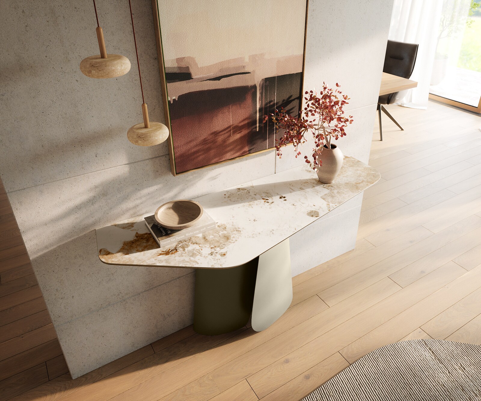 Console Edge Polygonal 140x50 cm Céramique Minas Melange Weiß-Beige Livos Métal Effektfinish Titan 2