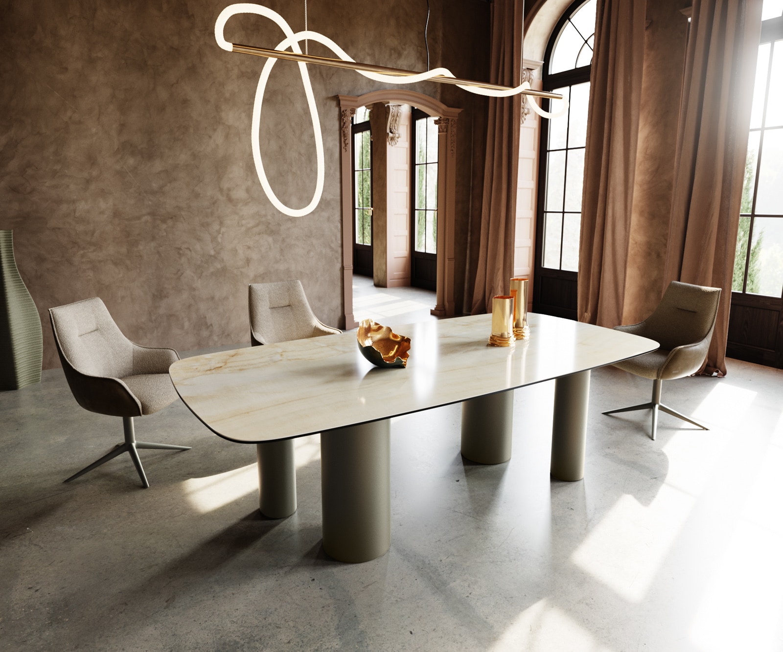 Table à manger Edge Boot 240x120 Céramique Iris FMG Onice Oro Pilier Métal finition à effet Titane Table à manger Edge Boot 240x120 Céramique Iris FMG Onice Oro Pilier Métal finition à effet Titane