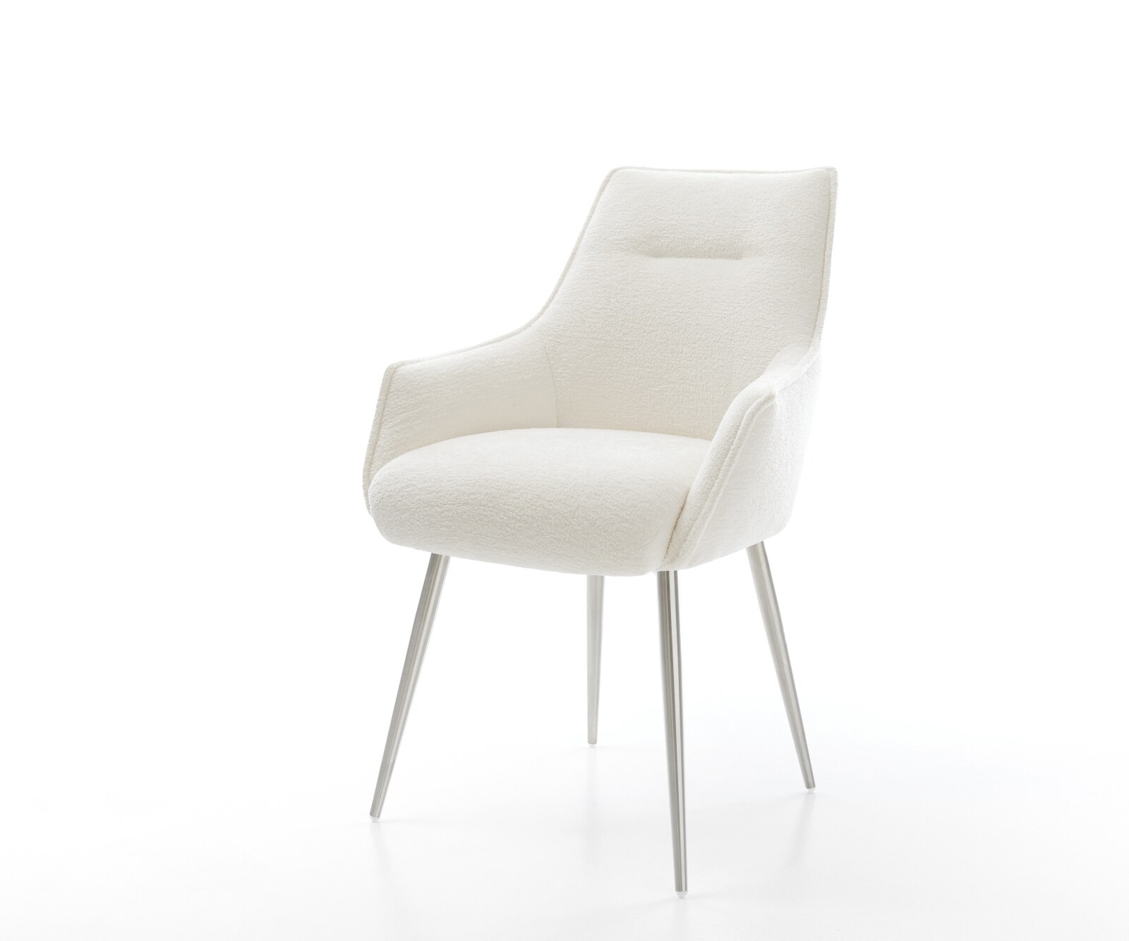 Chaise-de-salle-à-manger Alja-Flex avec accoudoirs bouclé doux beige 4 pieds coniques acier inoxydable resorts ensachés 1