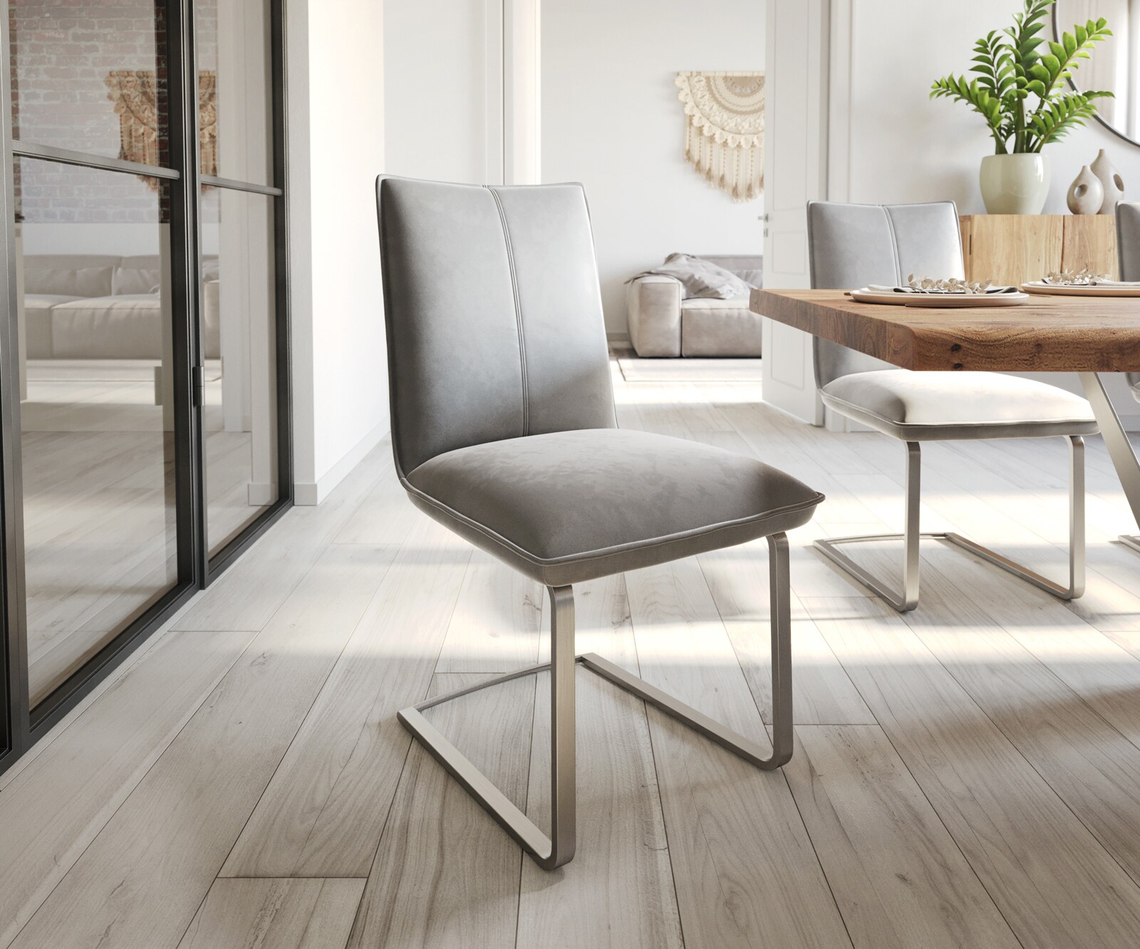 Cantilever Lelio-Flex velours gris pied cantilever plat acier inoxydable brossé ressorts ensachés