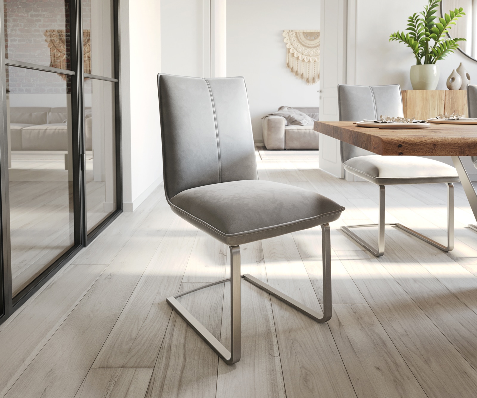 Cantilever Lelio-Flex velours gris pied cantilever plat acier inoxydable brossé ressorts ensachés Cantilever Lelio-Flex velours gris pied cantilever plat acier inoxydable brossé ressorts ensachés