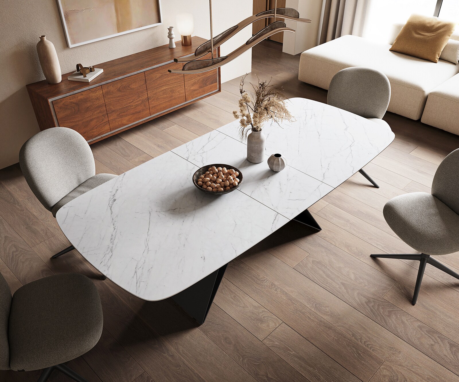 Table à manger Edge Boot 180-220x100 cm Céramique Laminam® Statuarietto Blanc piètement en V Flachstahl Noir extensible 4