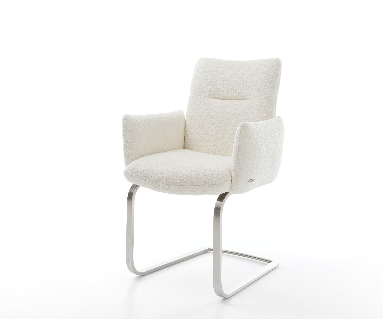 Cantilever Jova-Flex avec accoudoirs bouclé blanc pied cantilever plat acier inoxydable brossé ressorts ensachés