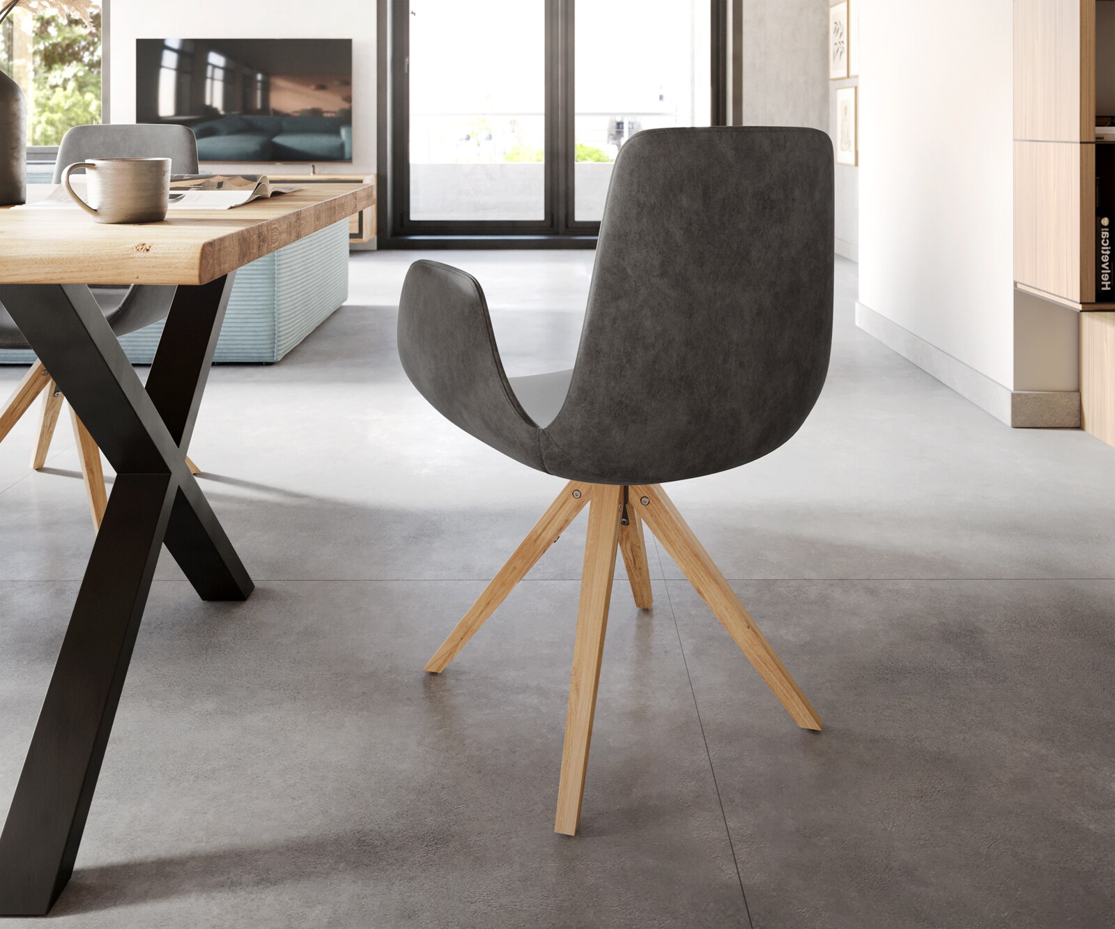 Chaise-de-salle-à-manger Ilia-Flex avec accoudoirs microvelours anthracite vintage pied en bois anguleux naturel 4 Chaise-de-salle-à-manger Ilia-Flex avec accoudoirs microvelours anthracite vintage pied en bois anguleux naturel 4